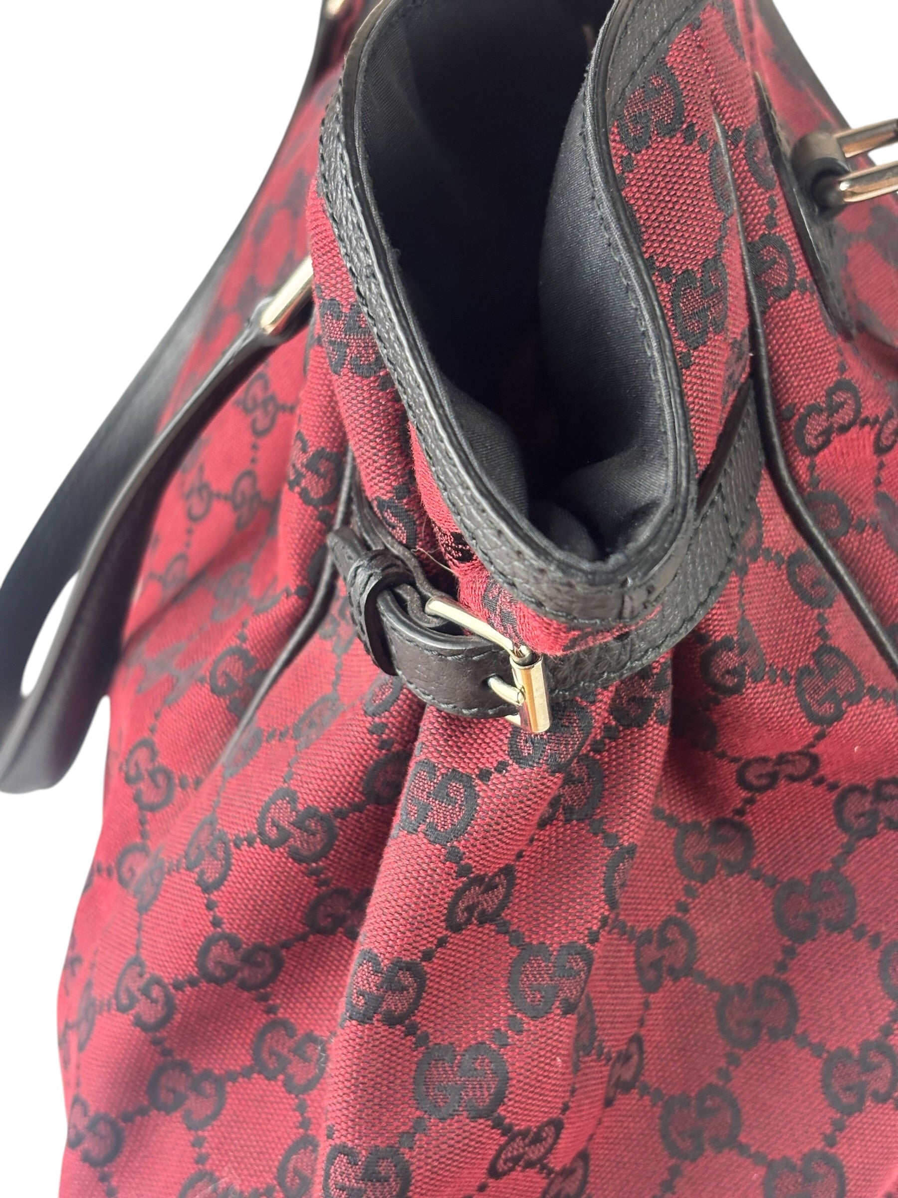 Gucci Red/Black Leather Trim GG Full Moon Tote
