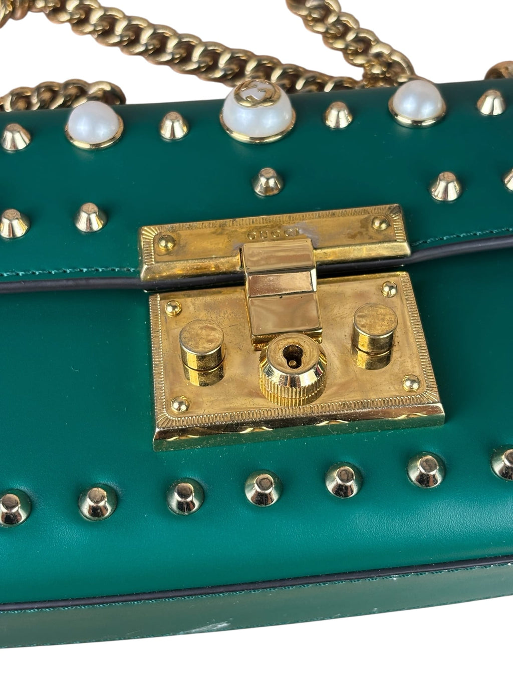 Gucci Green Leather Faux Pearls & Studs Small Padlock Bag