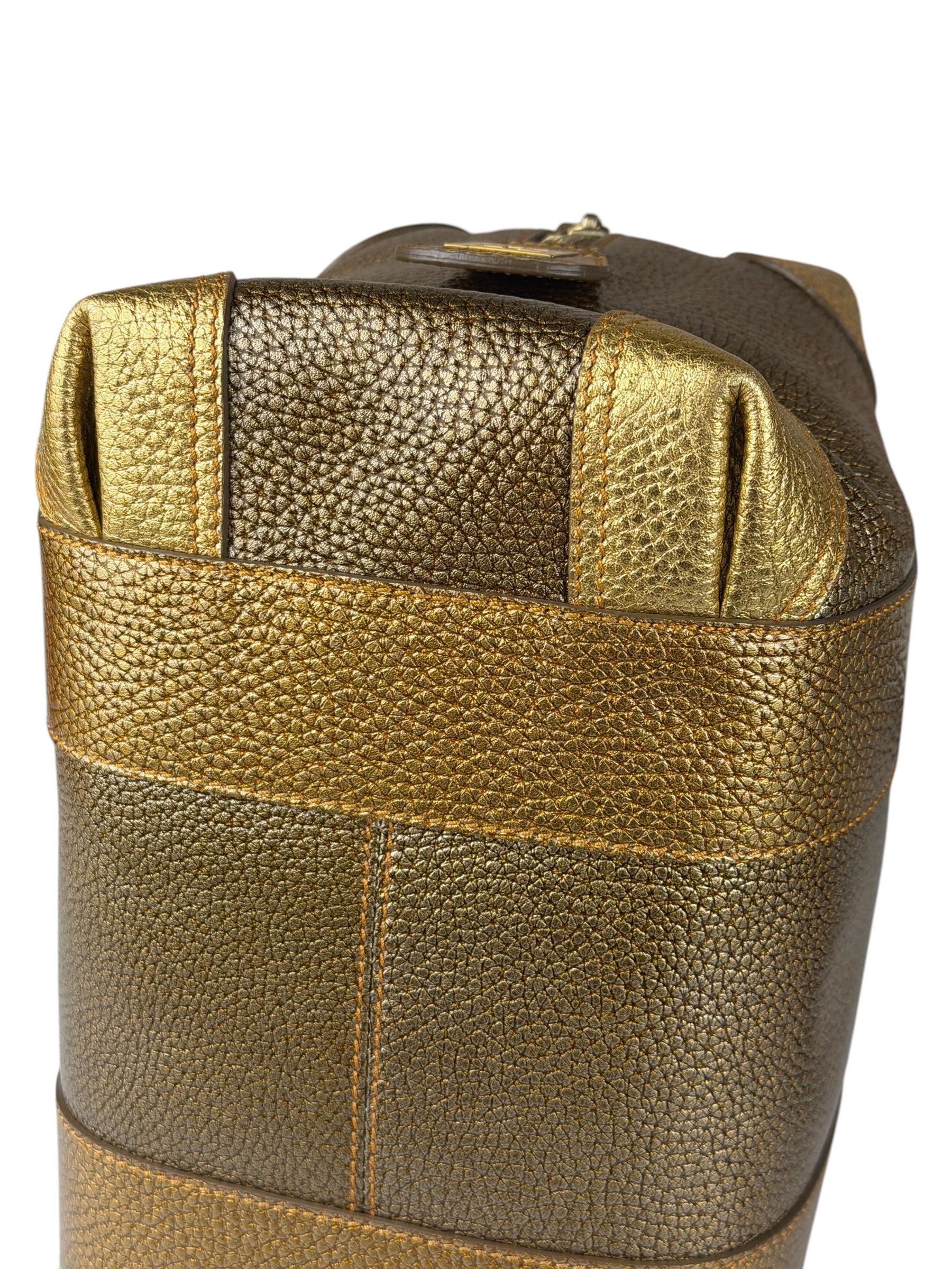 Fendi Metalic Gold Patent Pebbled Leather Media Boston Bag