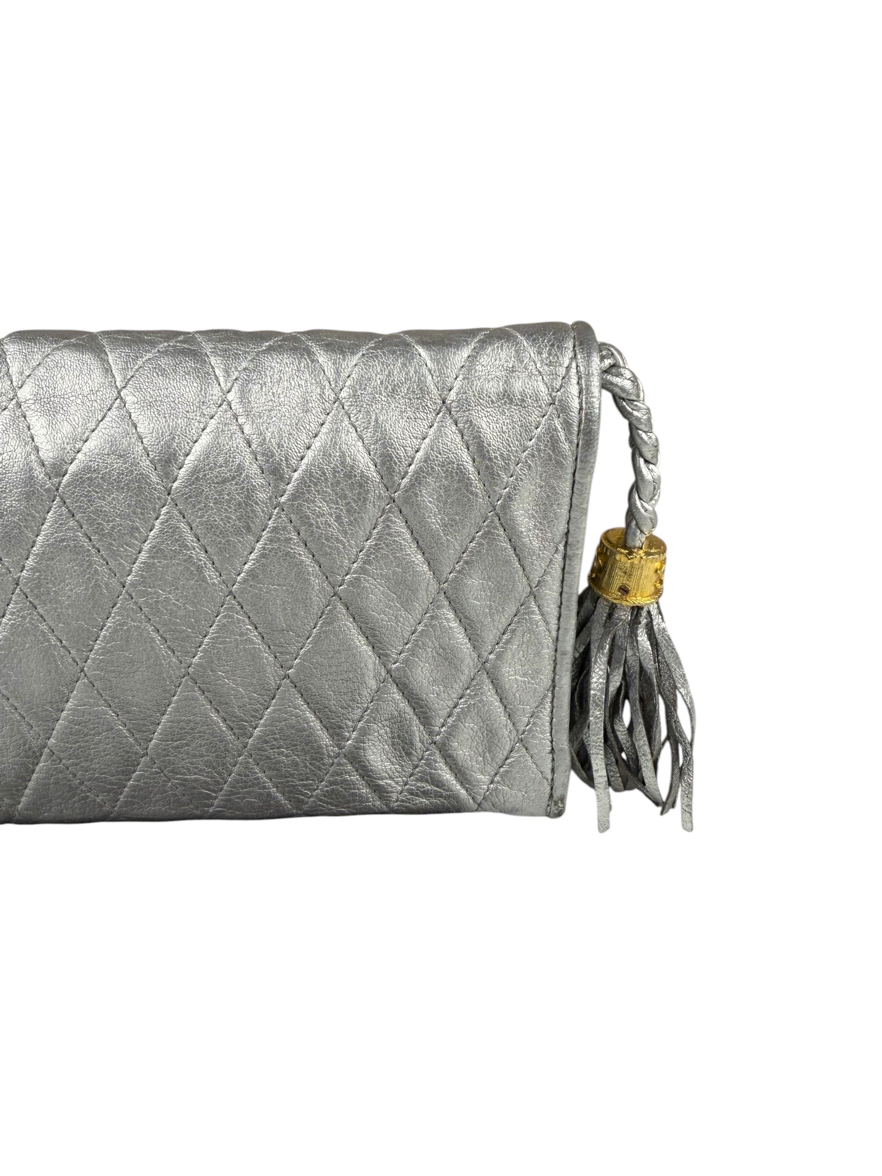 Chanel Vintage Metallic Silver Quilted Tassel Flap Bag 1997