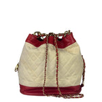 Chanel Vintage Beige/Red Leather Trim Drawstring Bucket Bag 1989