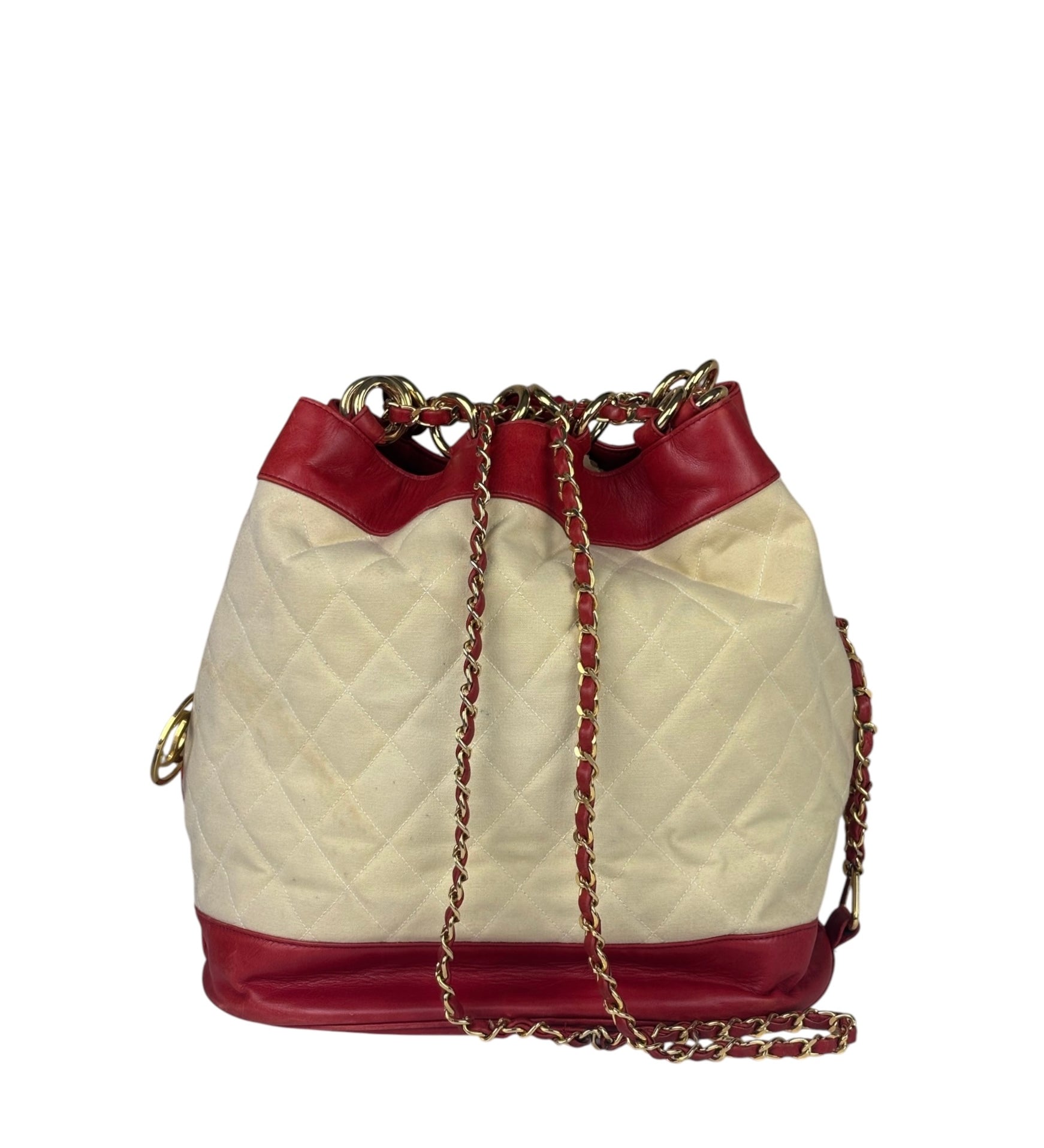 Chanel Vintage Beige/Red Leather Trim Drawstring Bucket Bag 1989