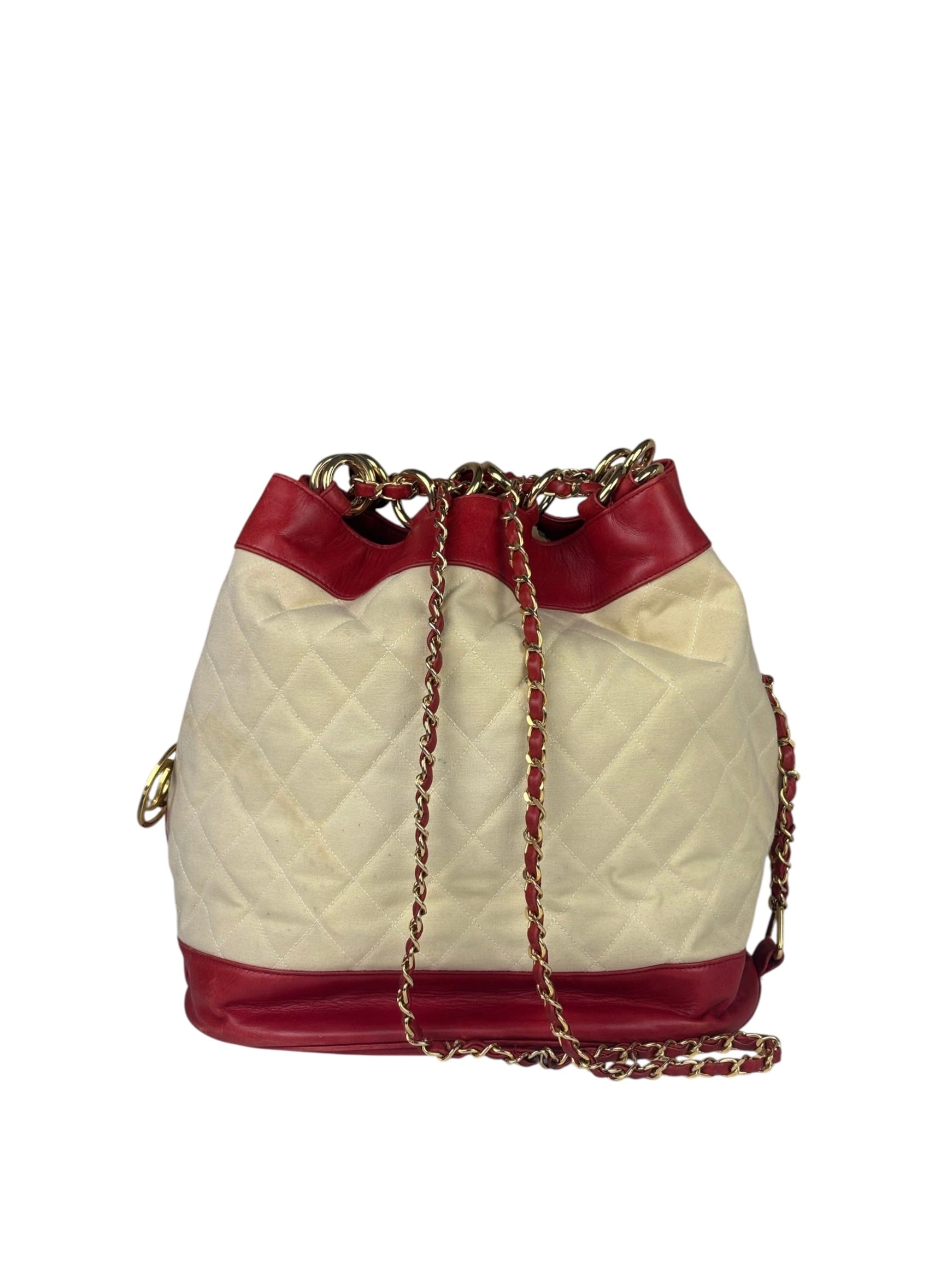 Chanel Vintage Beige/Red Leather Trim Drawstring Bucket Bag 1989