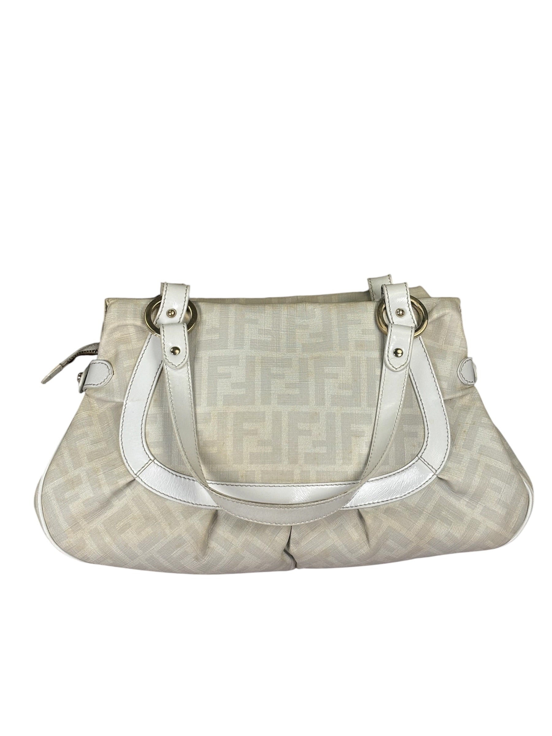 Fendi White Leather PVC Coated Zucca Spalmati Chef Shoulder Bag