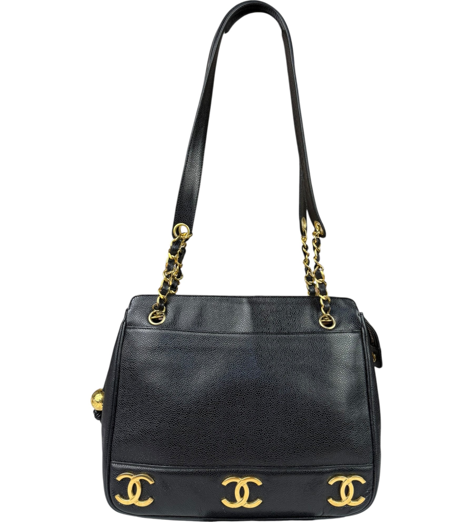 Chanel Vintage Black Caviar Leather Triple CC Chain Tote Bag