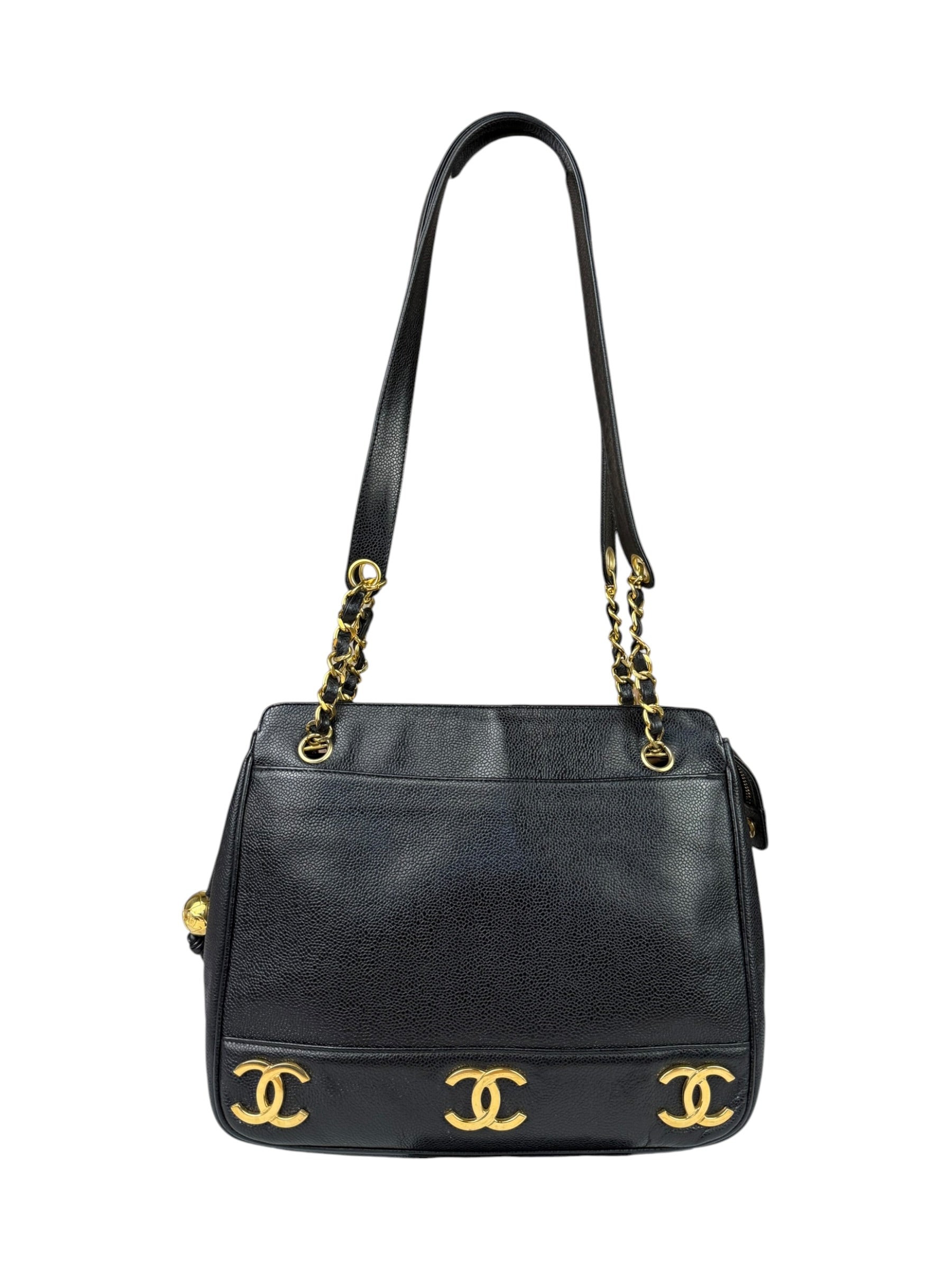 Chanel Vintage Black Caviar Leather Triple CC Chain Tote Bag