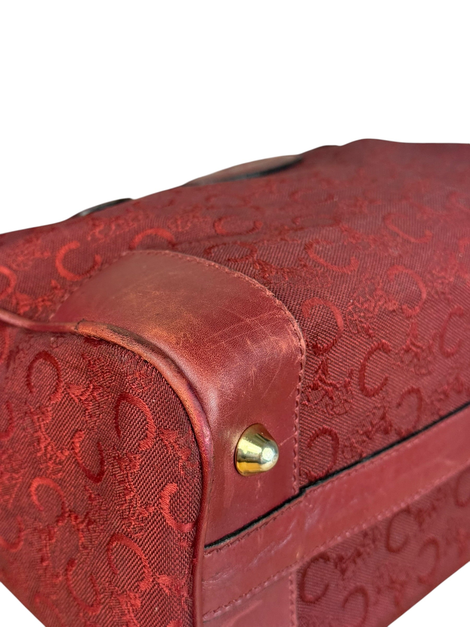 Celine Vintage Burgundy Macadam Print Mini Boston Handbag