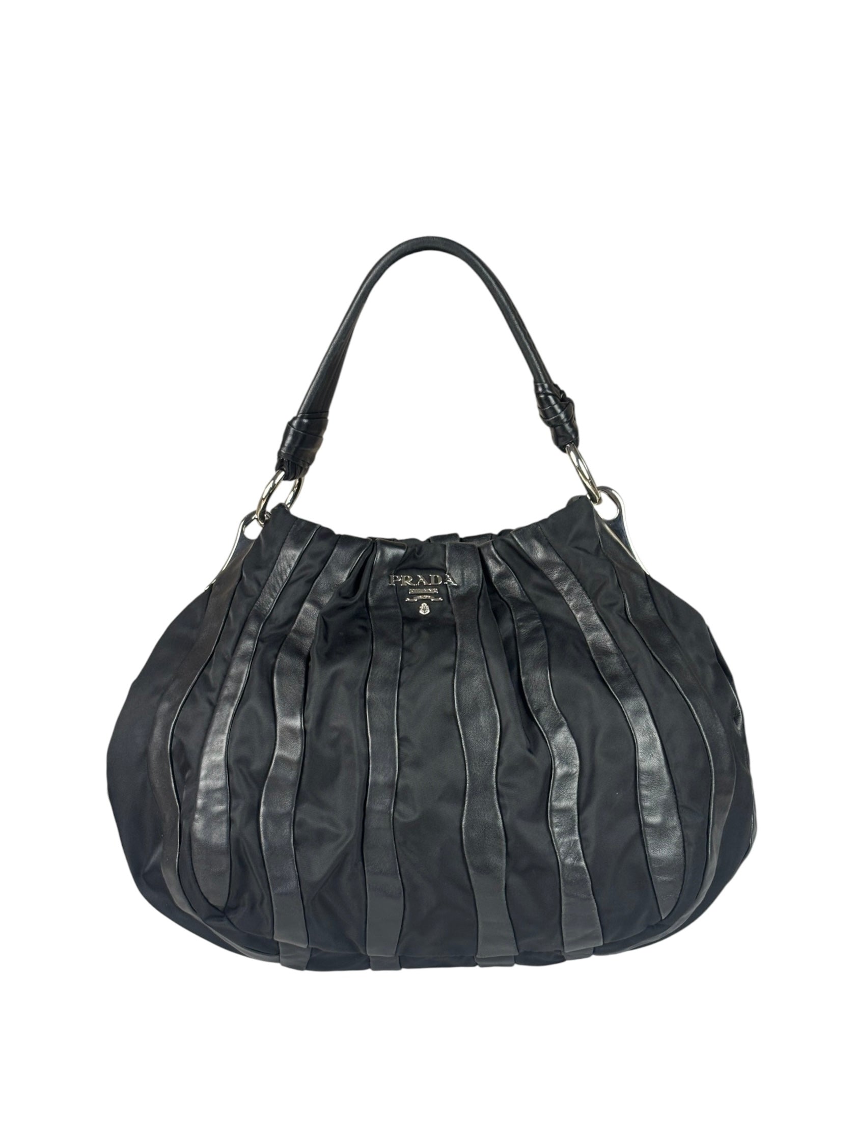 Prada Black Tessuto Nylon/Leather Trim Waves Hobo Bag