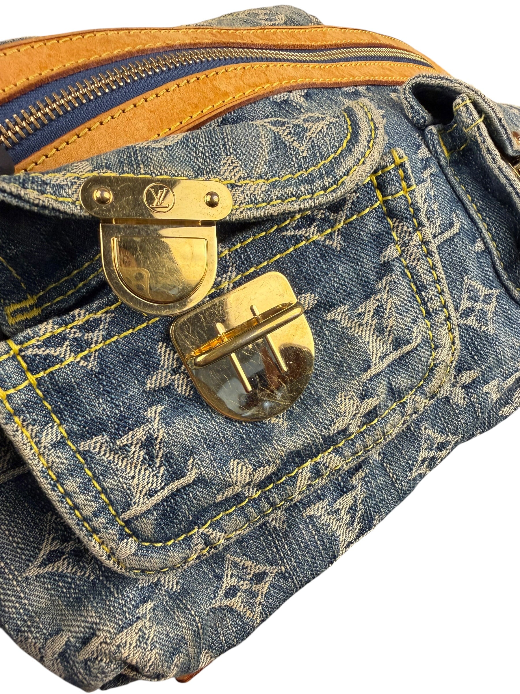 Louis Vuitton Vintage Denim Leather Trim Monogram Baggy Hobo Bag PM