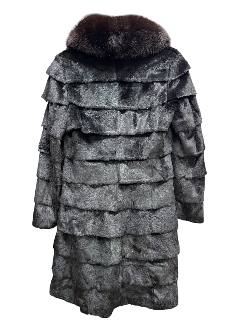 Vintage Black Horizontally-Tiered Beaver/Fox Fur Trim Mid-Length