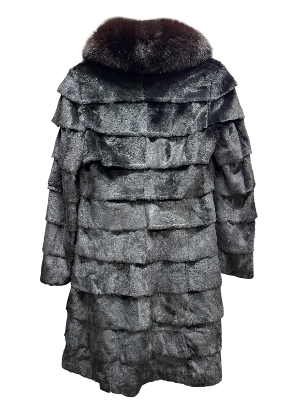 Vintage Black Horizontally-Tiered Beaver/Fox Fur Trim Mid-Length