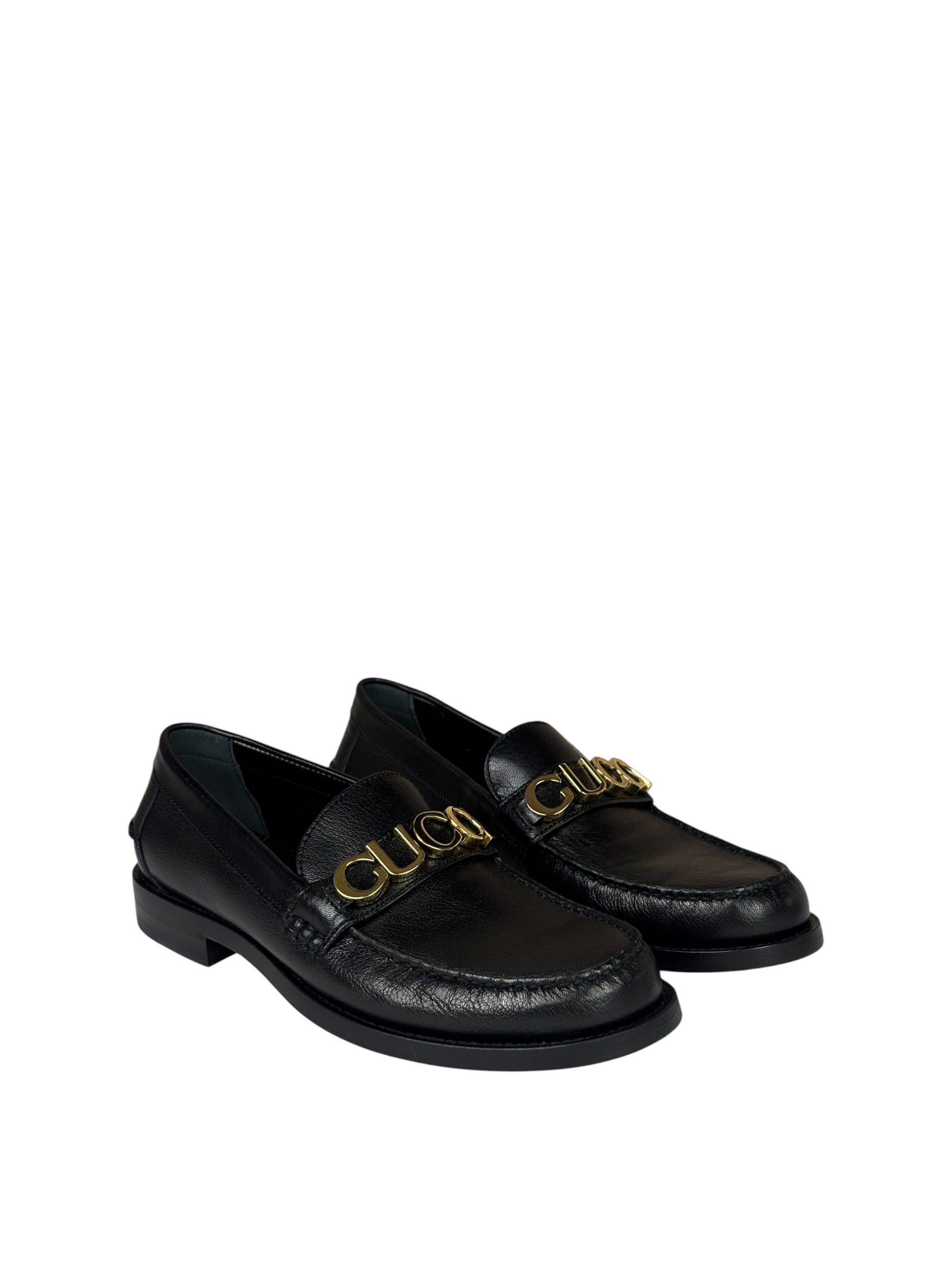 Gucci Black Leather Plaque Loafers