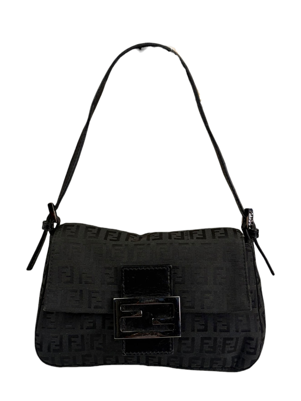 Fendi Black Leather Trim Zucca Baguette
