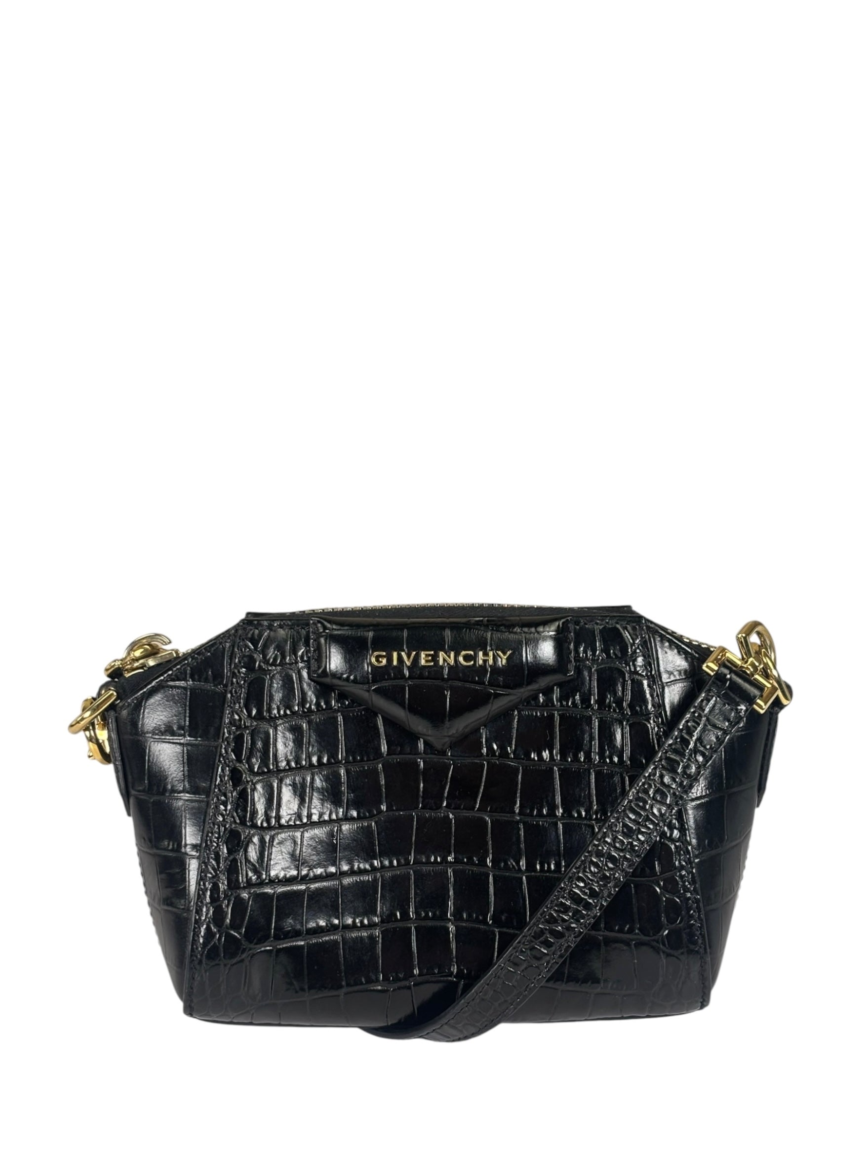 Givenchy Black Crocodile Embossed Leather Nano Antigona Crossbody Bag