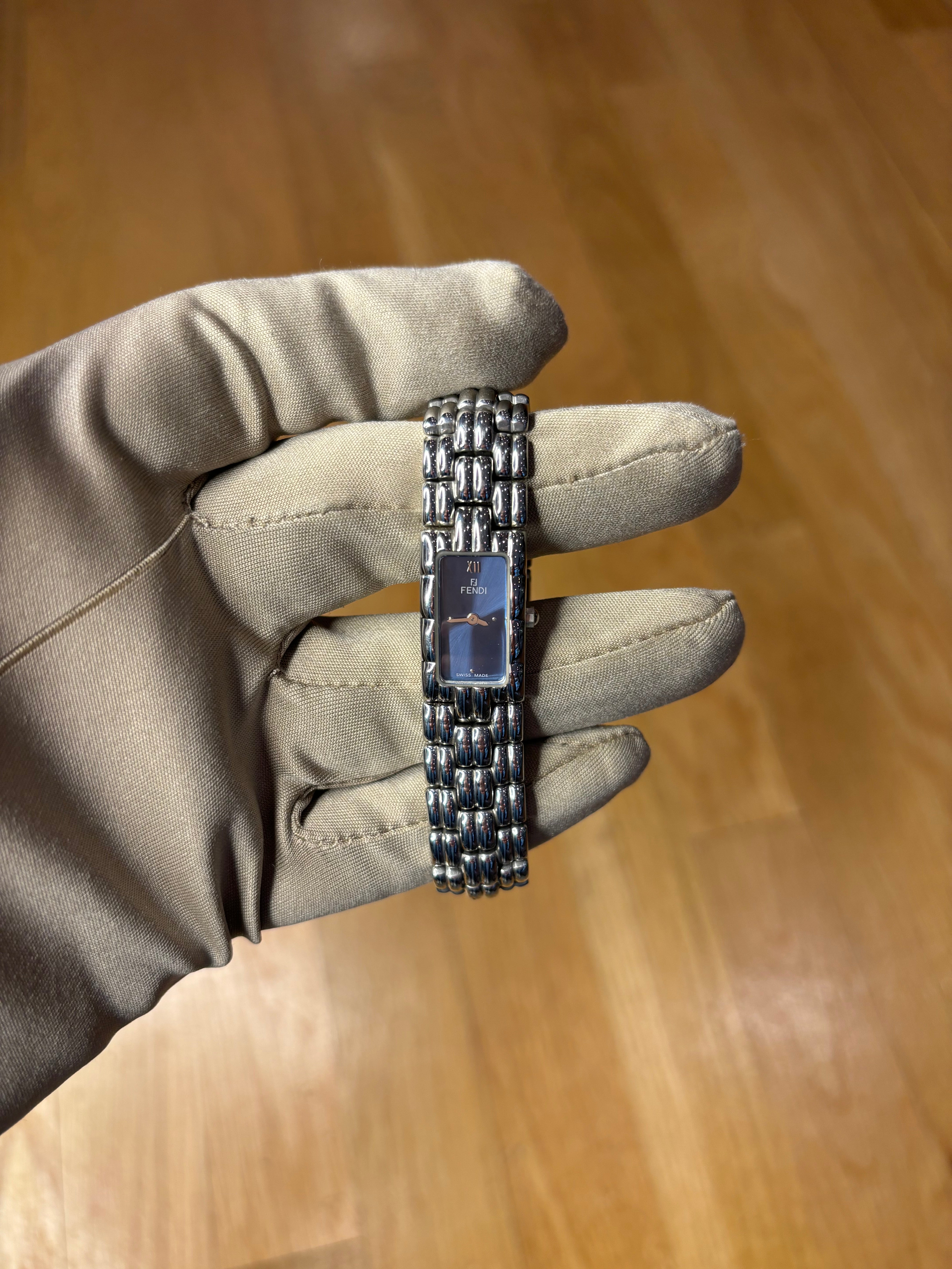 Fendi Navy Blue Rectangular Silver Link Dial