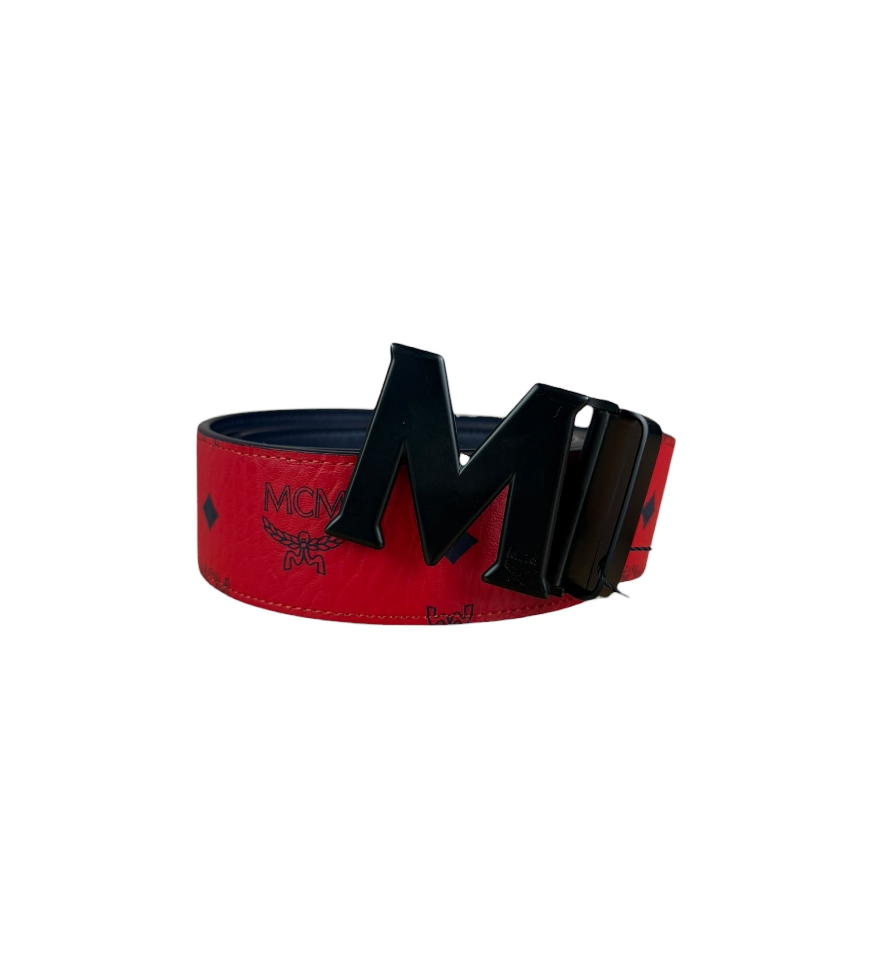MCM Red Leather Anagram M Buckle belt