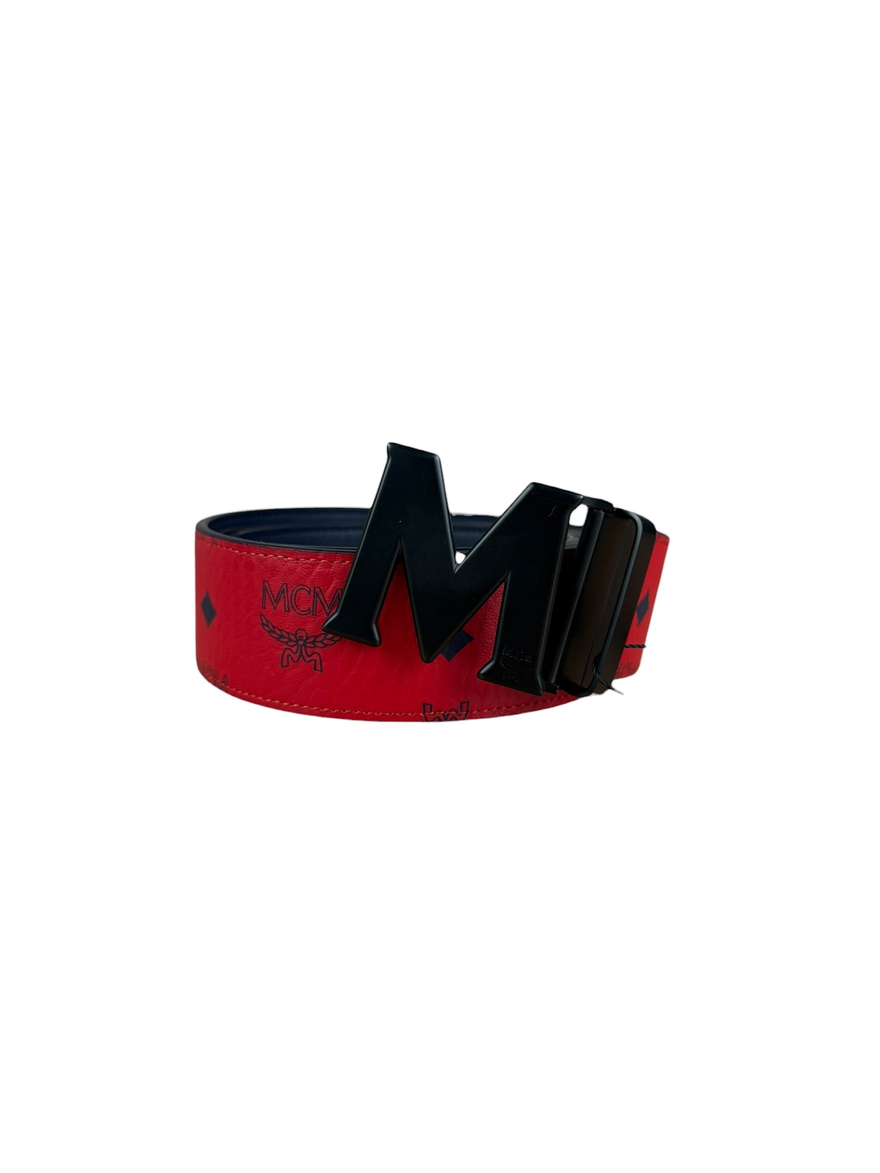 MCM Red Leather Anagram M Buckle belt