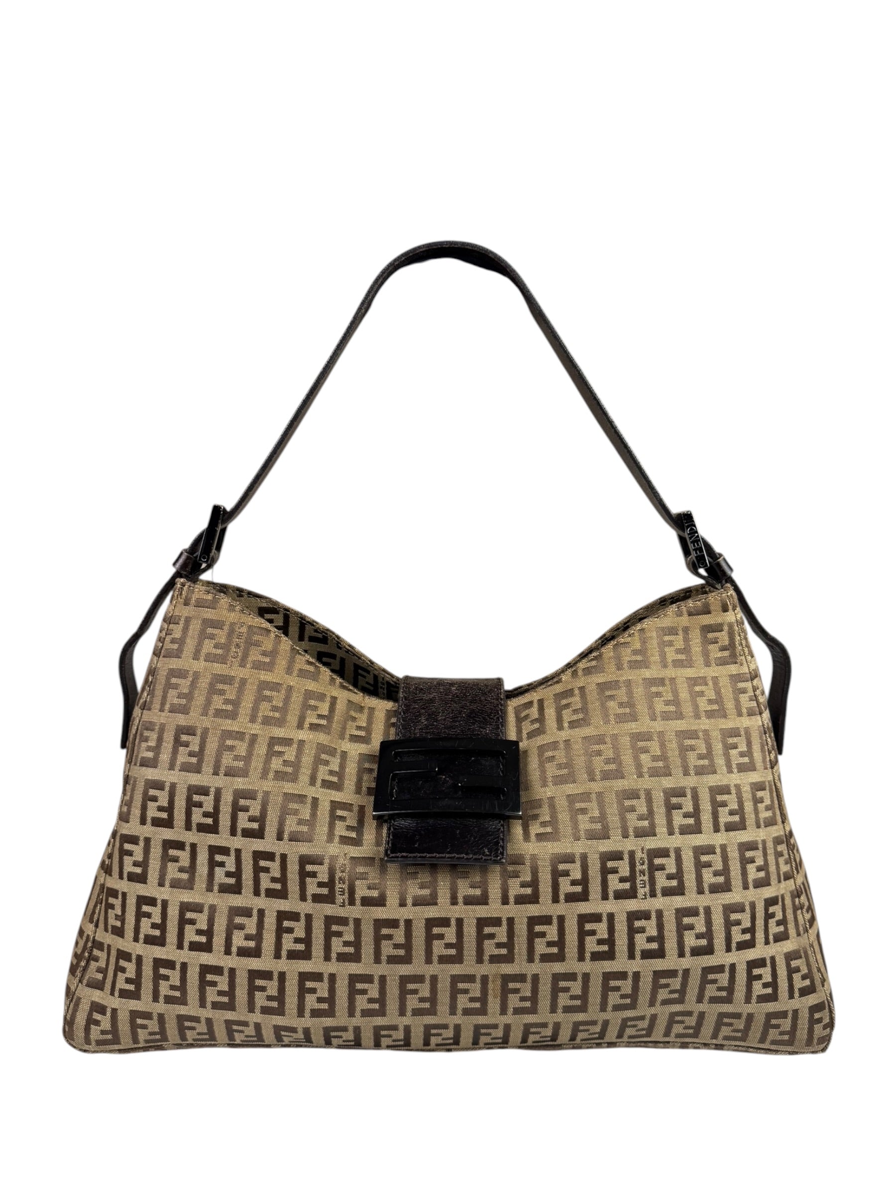Fendi Brown Leather Trim Zucca Mamma Baguette