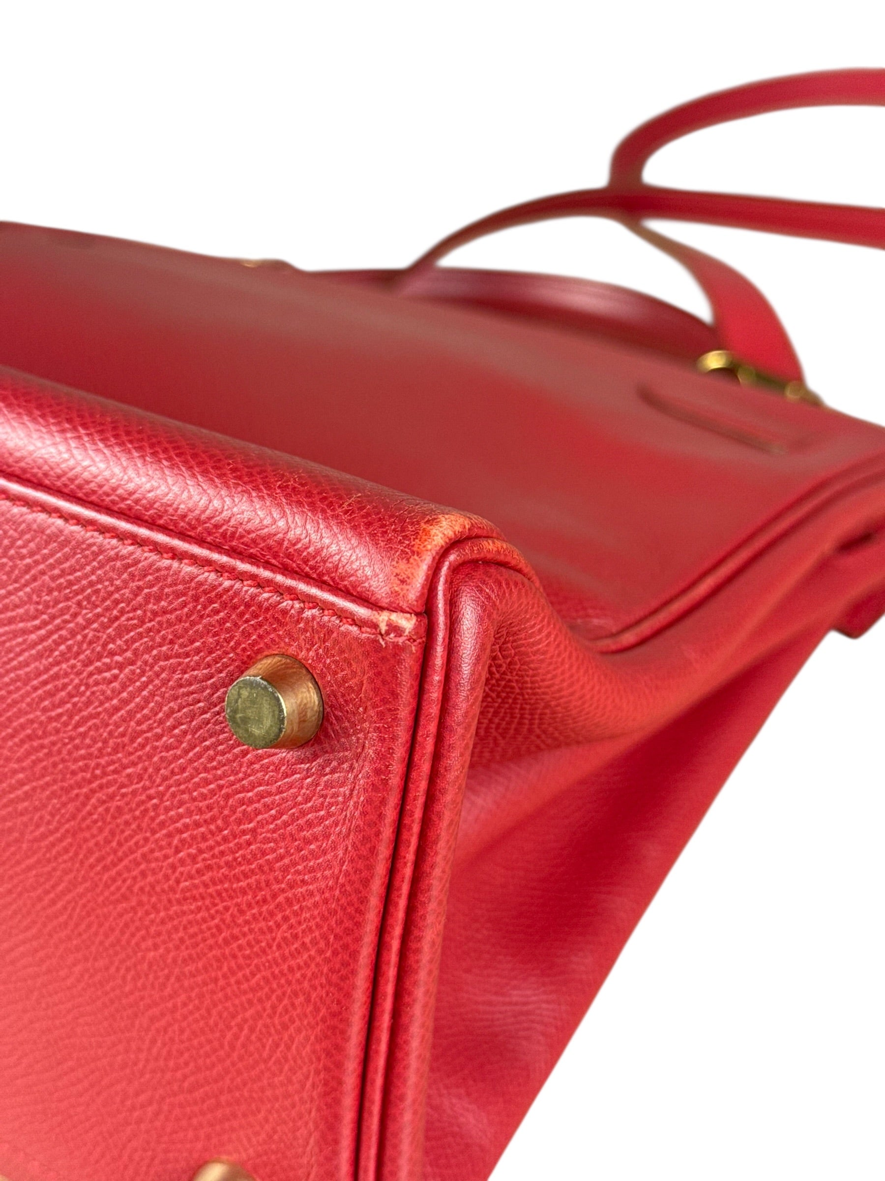 Hermes Kelly 32 Courchevel Rouge Vif Gold Handbag 1997
