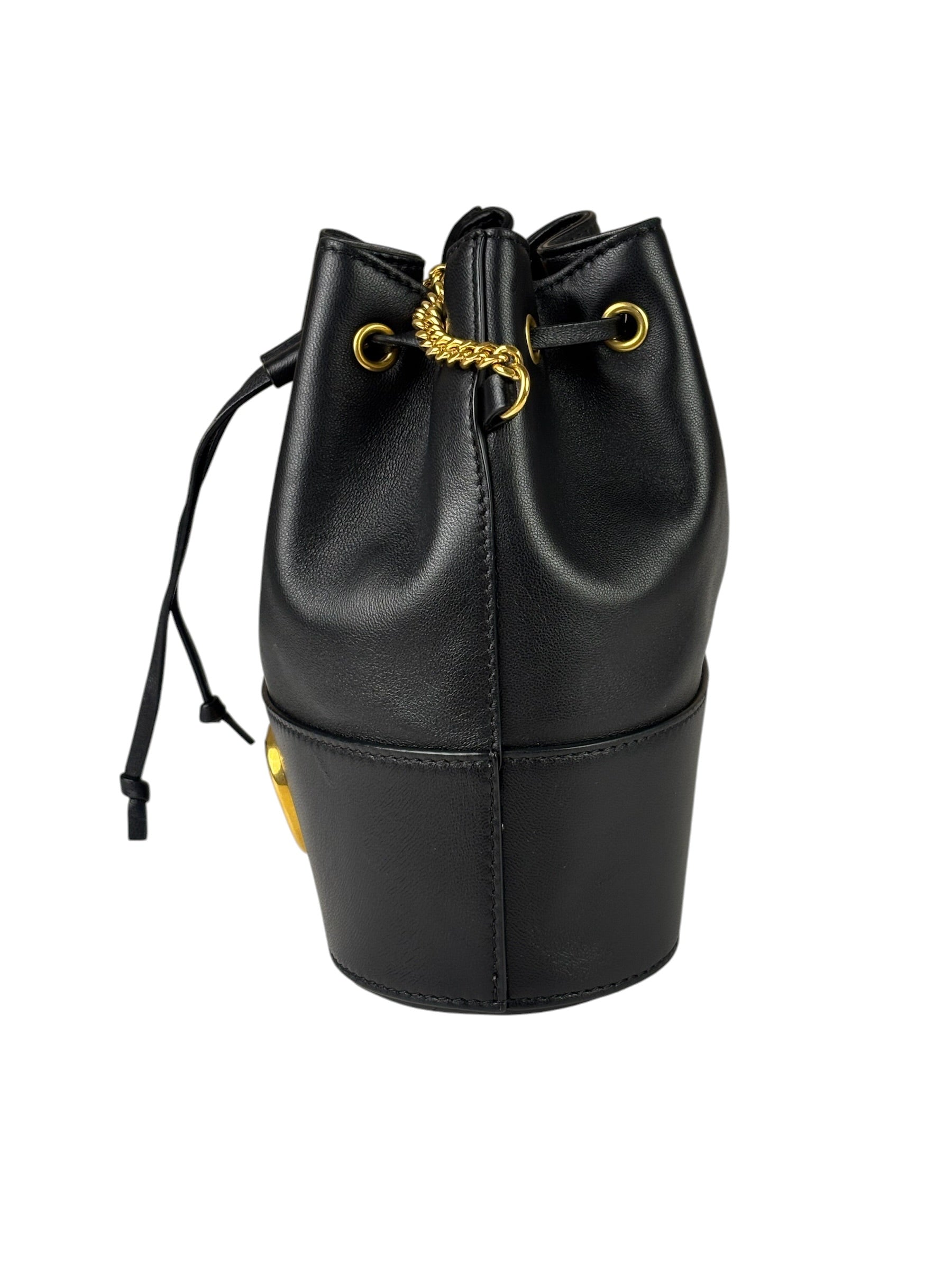 Valentino Black Leather Garavani Mini V Logo Signature Bucket Bag