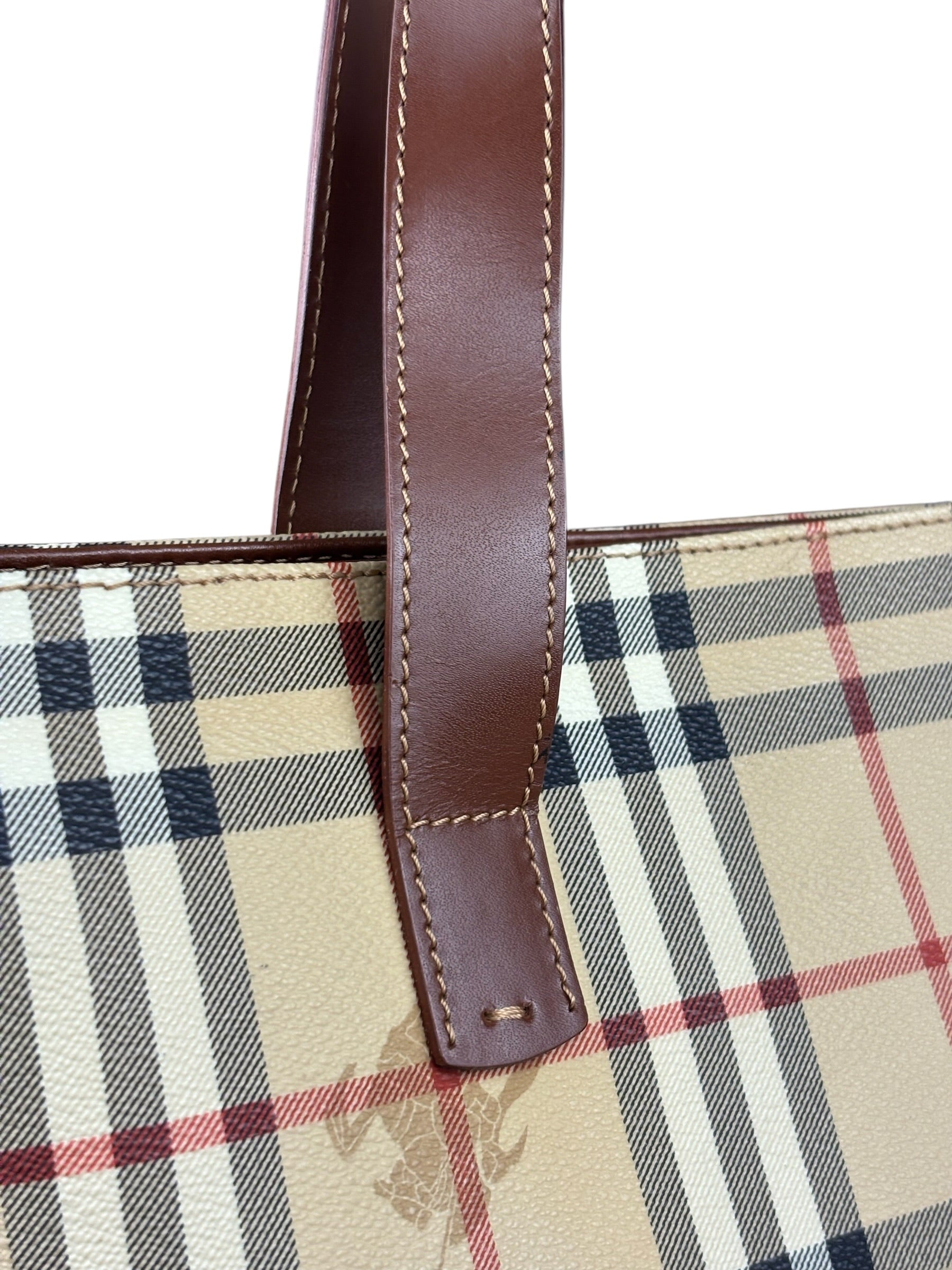 Burberry Vintage Brown Leather  Haymarket Canvas House Check Tote Bag