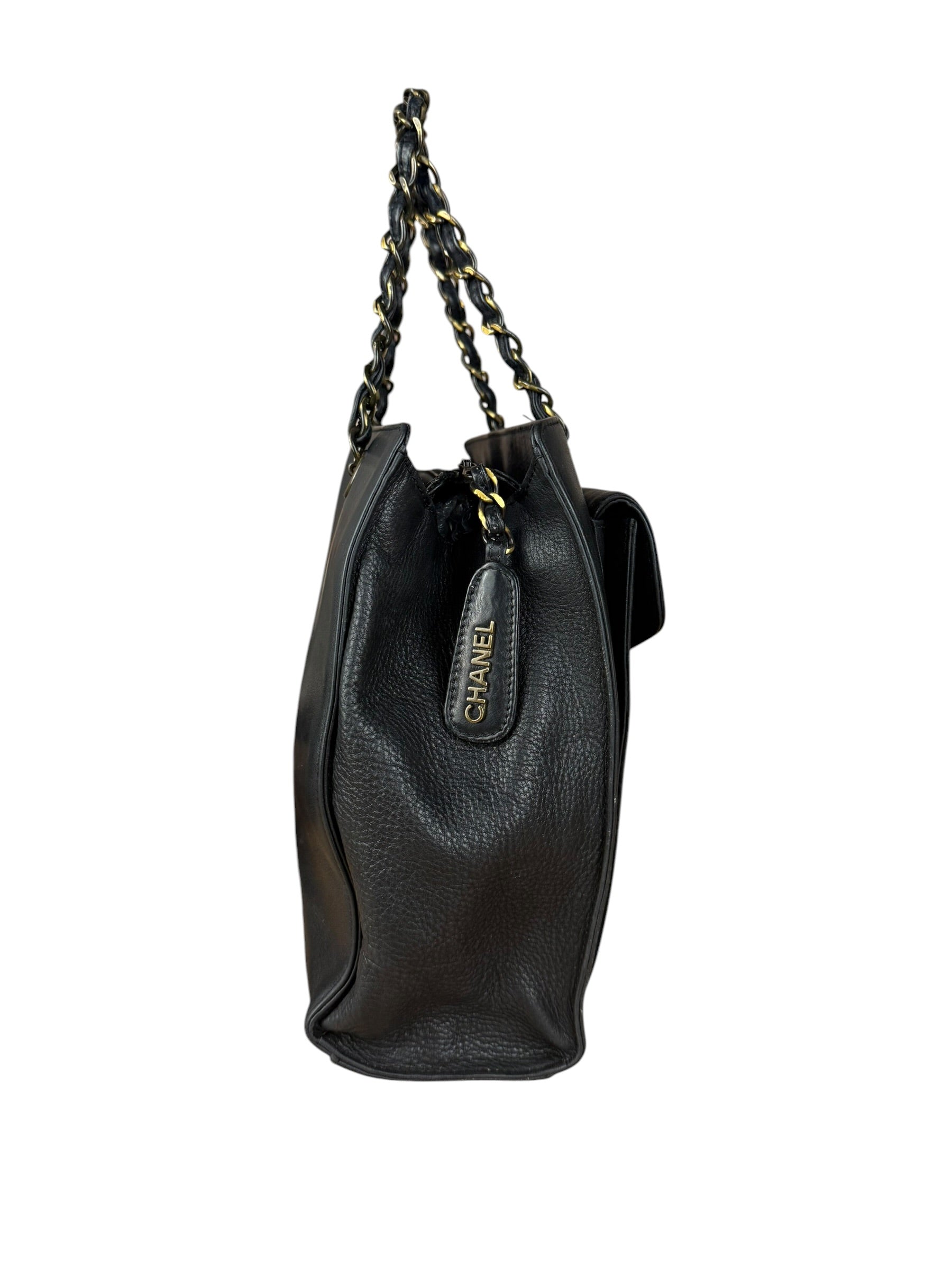 Chanel Black Leather Front Pocket Chain Tote 1998