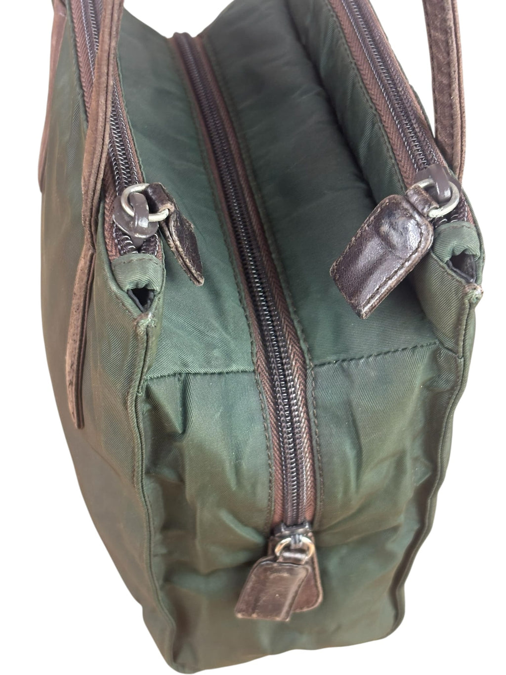 Prada Green/Brown Leather Trim/Nylon Tote