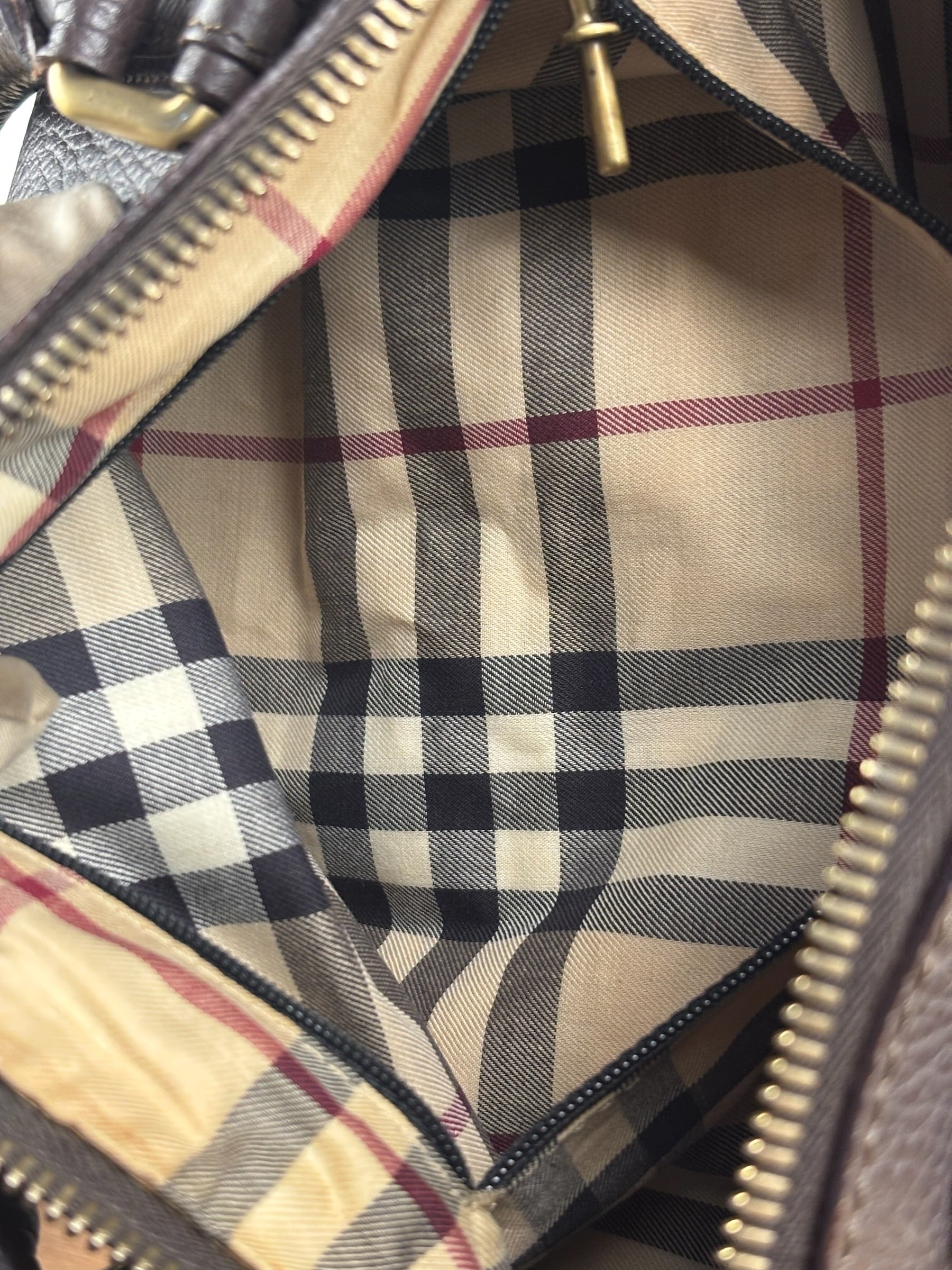 Burberry Vintage Brown Pebbled Leather Double Pocket Satchel Handbag