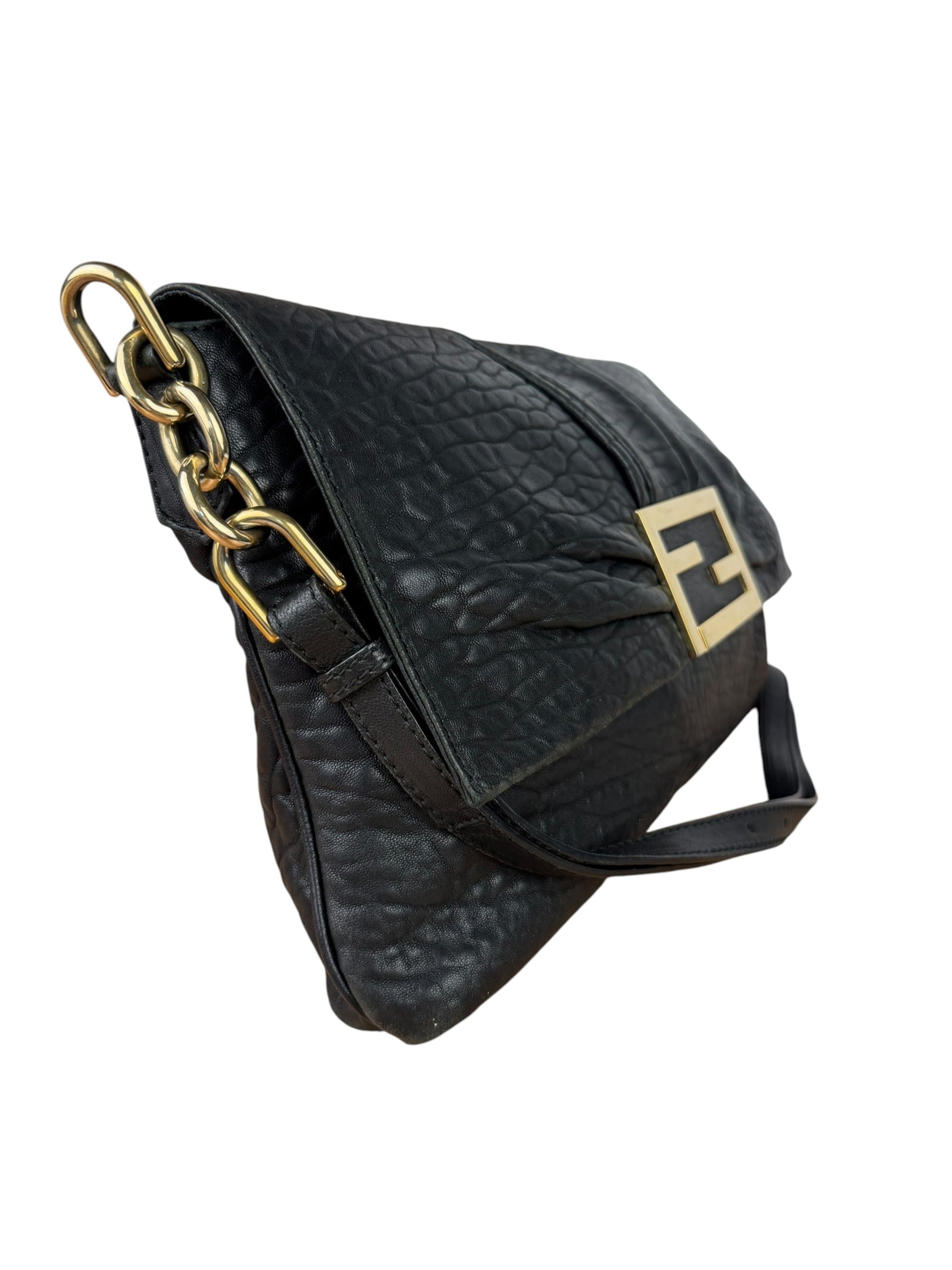 Fendi Black Pebbled Leather Mia Flap Bag