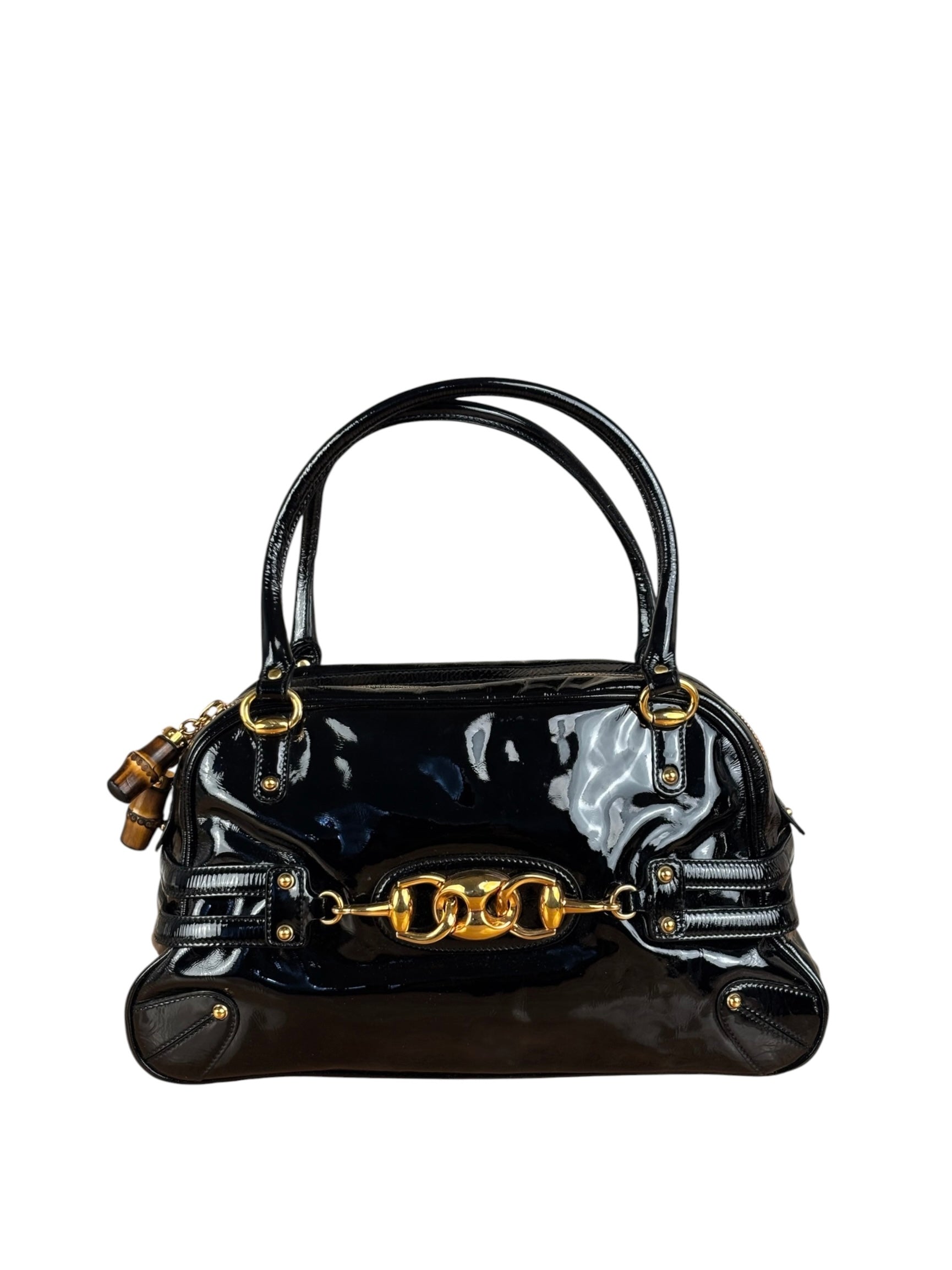 Gucci Black Patent Leather Horsebit Wave Shoulder Bag