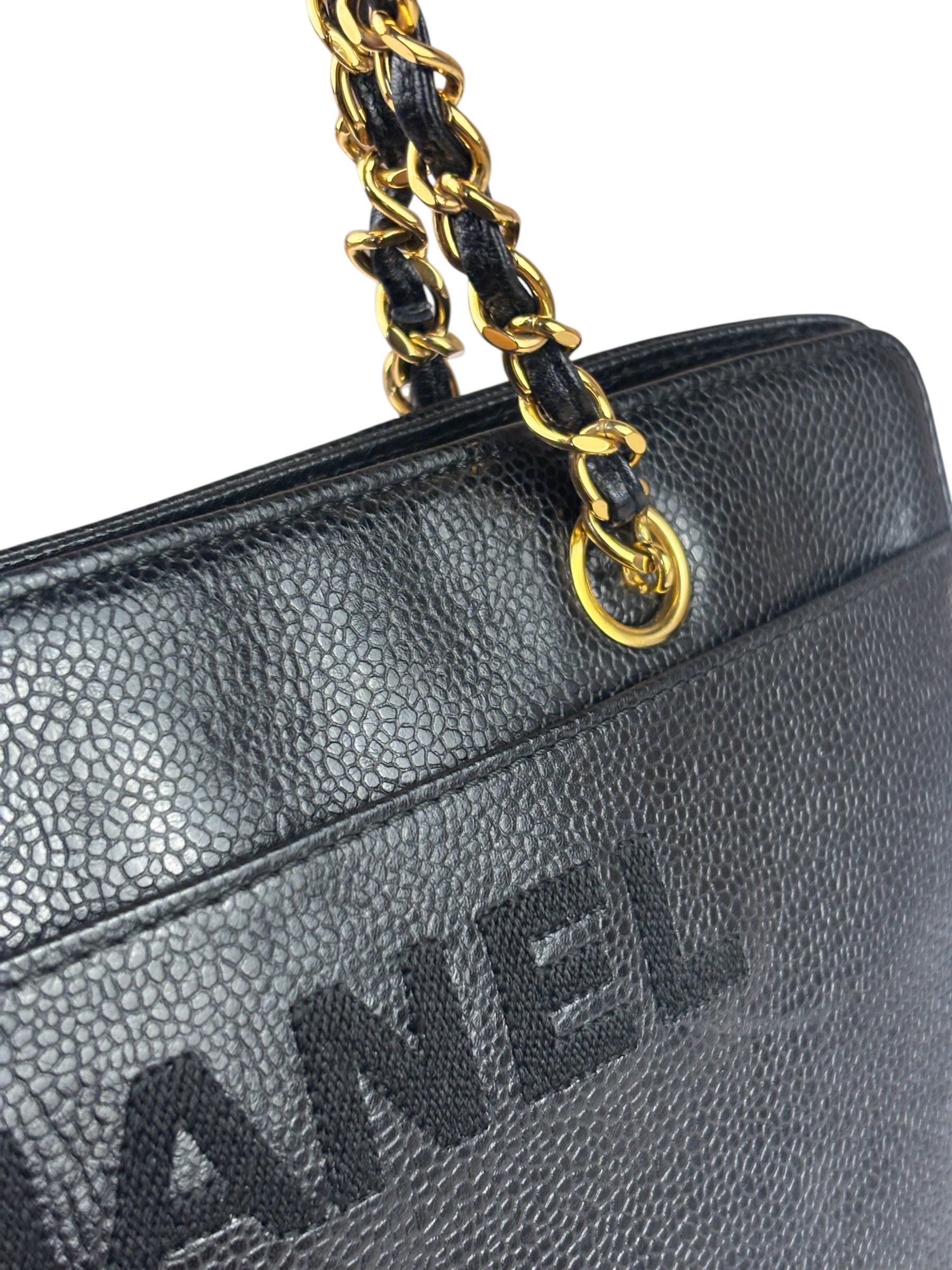 Chanel Vintage Black Caviar Leather Timeless Chain Shoulder Tote 1998