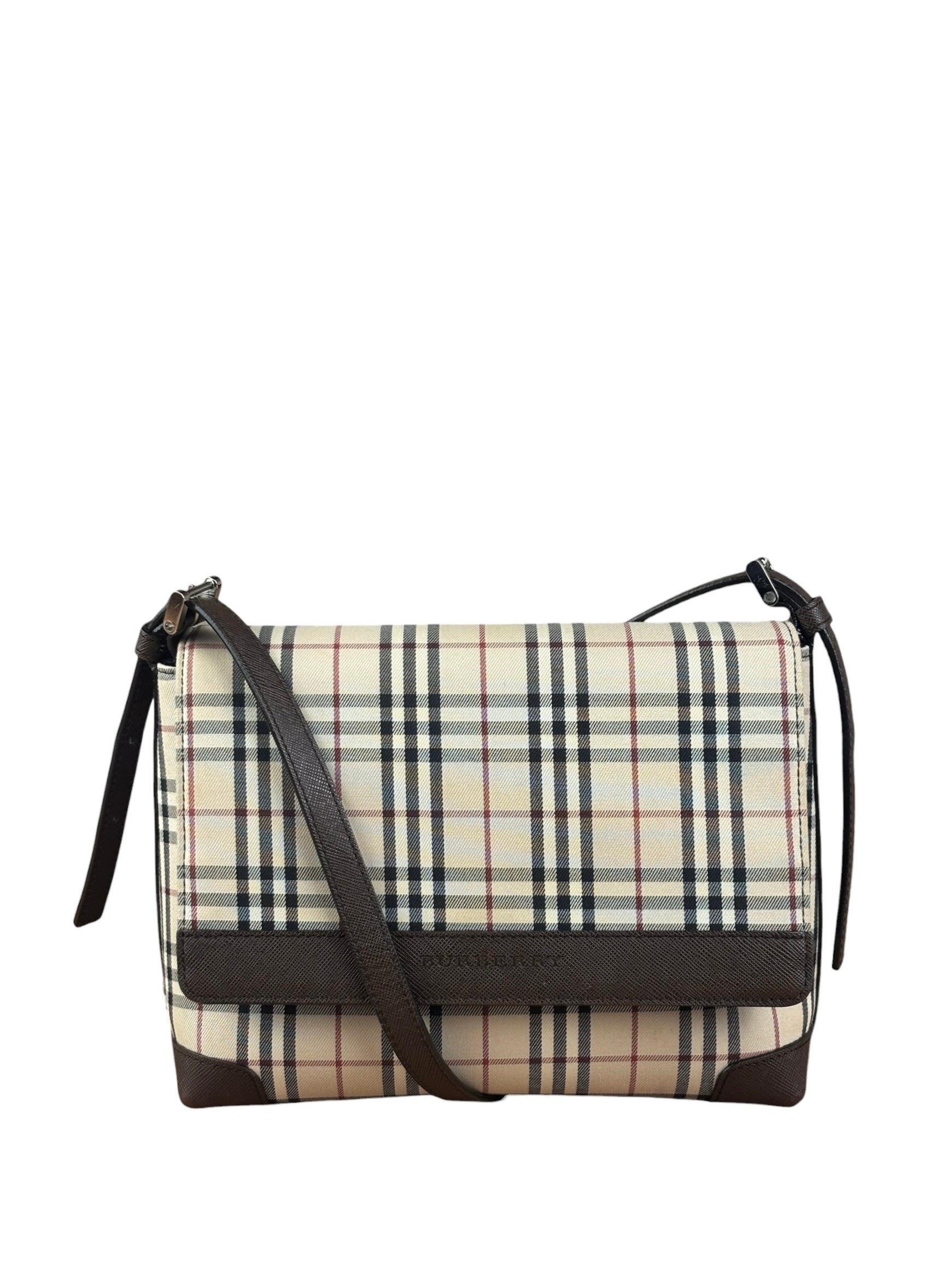 Burberry Vintage Leather Trim House Check Crossbody Flap Bag