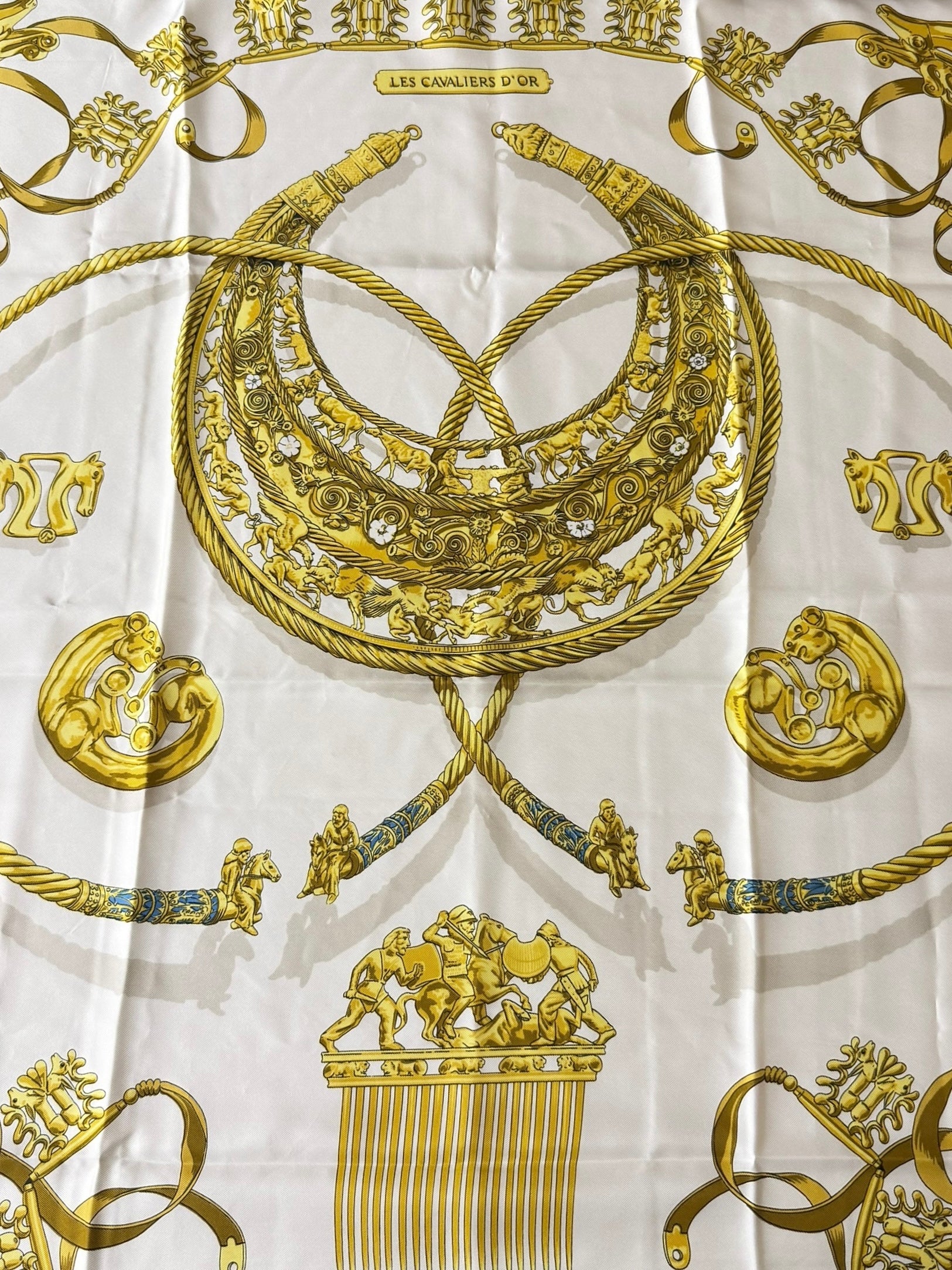Hermes Ivory Gold Emblem Print Silk Scarf