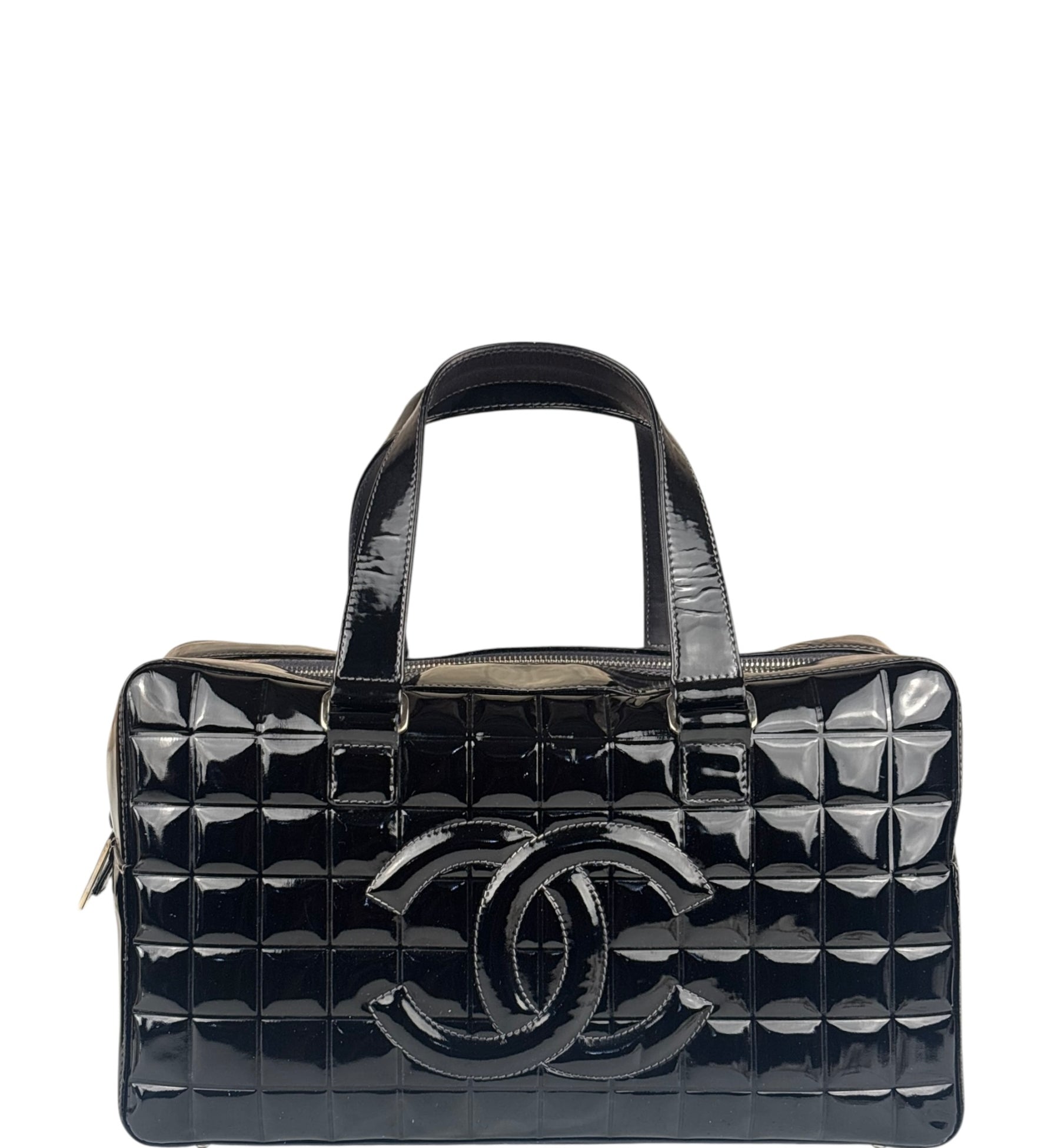 Chanel Black Leather Patent Chocolate Bar Bowler Hand Bag