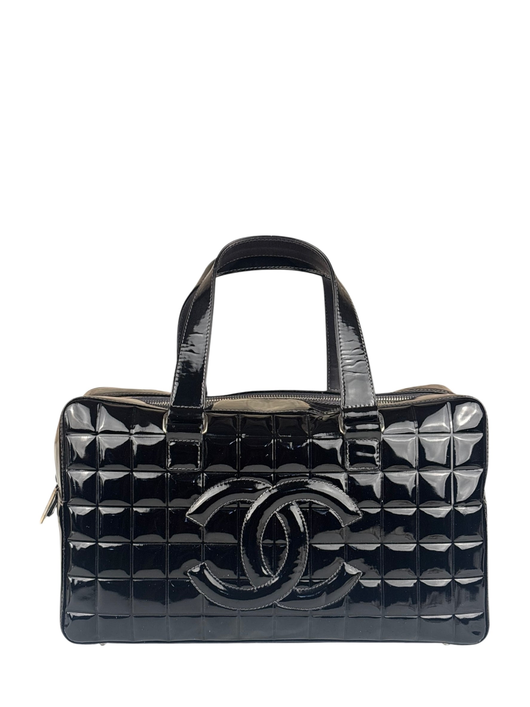 Chanel Black Leather Patent Chocolate Bar Bowler Hand Bag
