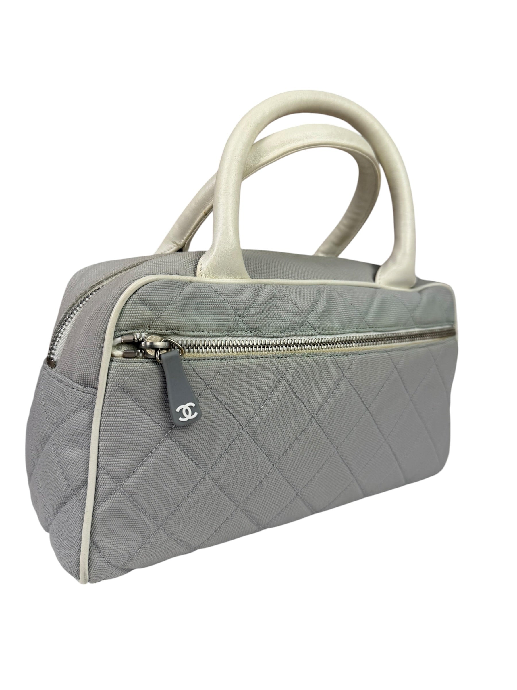 Chanel Grey Quilted Leather Trim Bowling Bag 2000