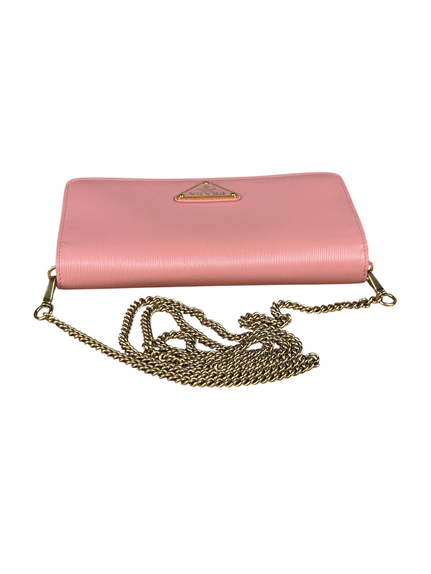 Prada Pink Saffiano Leather Wallet On Chain