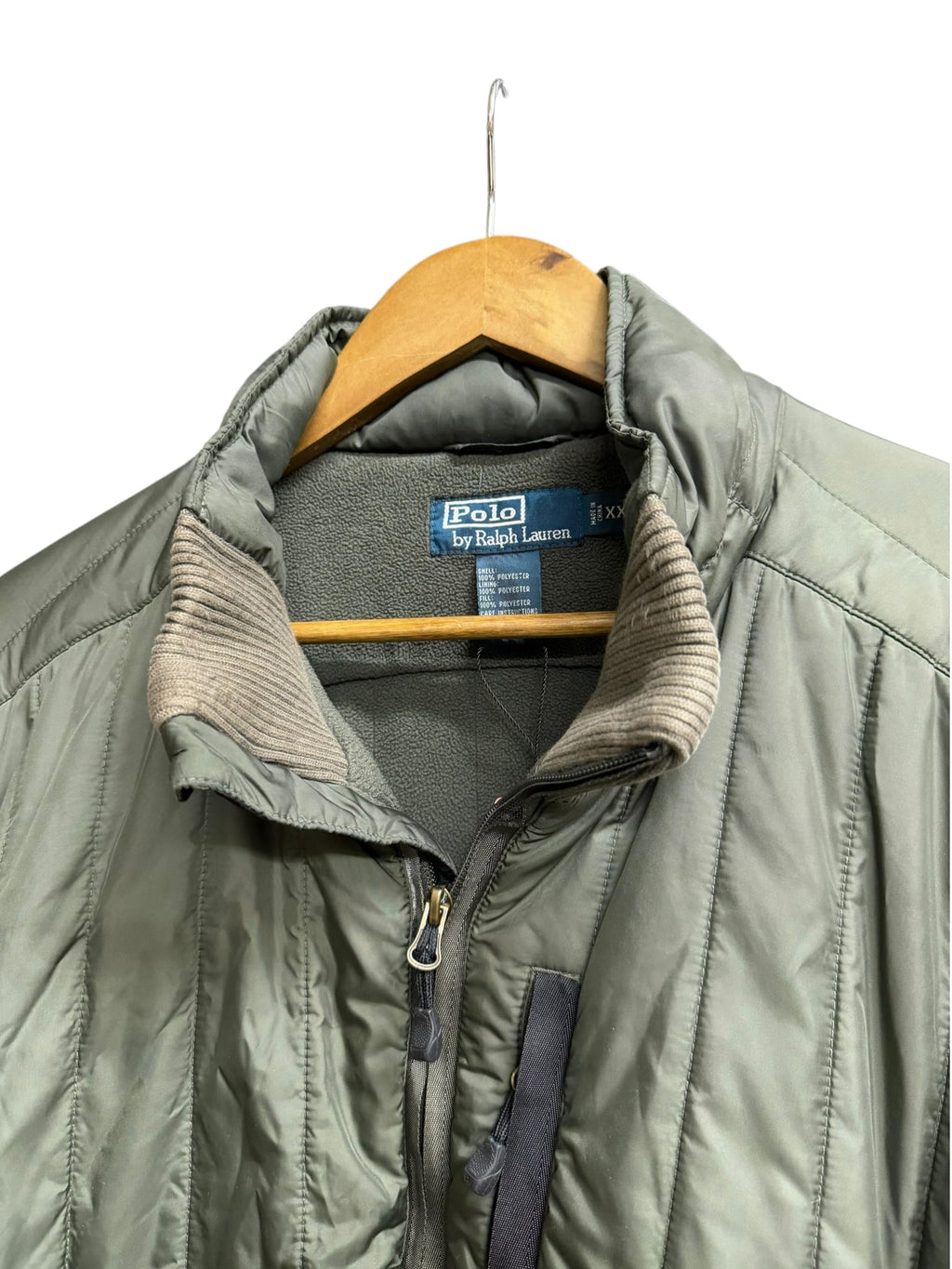 Vintage Ralph Lauren Olive Vertical Puffer Jacket (Collar Hoodie)