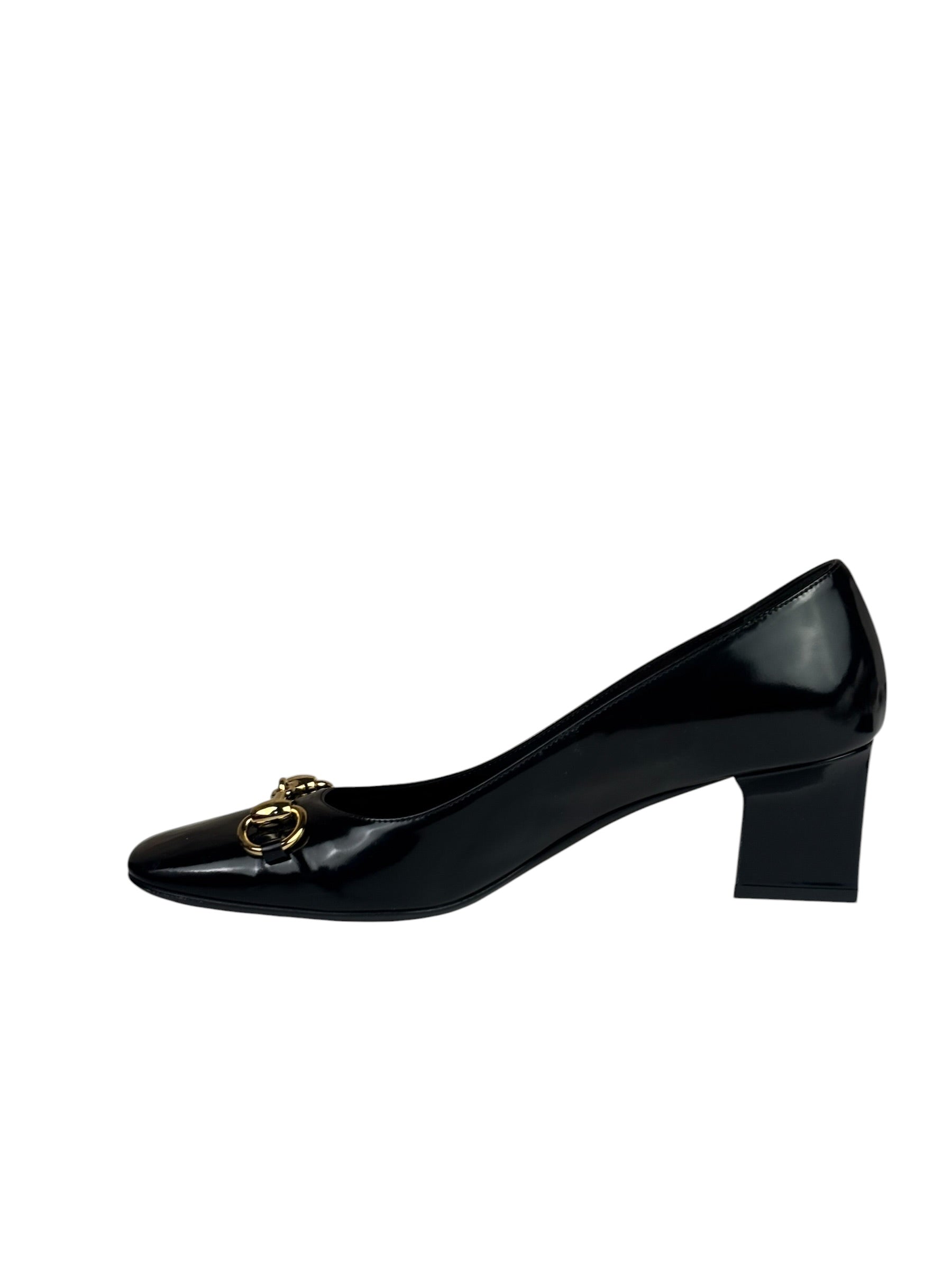 Gucci Women's Gold Horsebit Signora Black Leather Pumps