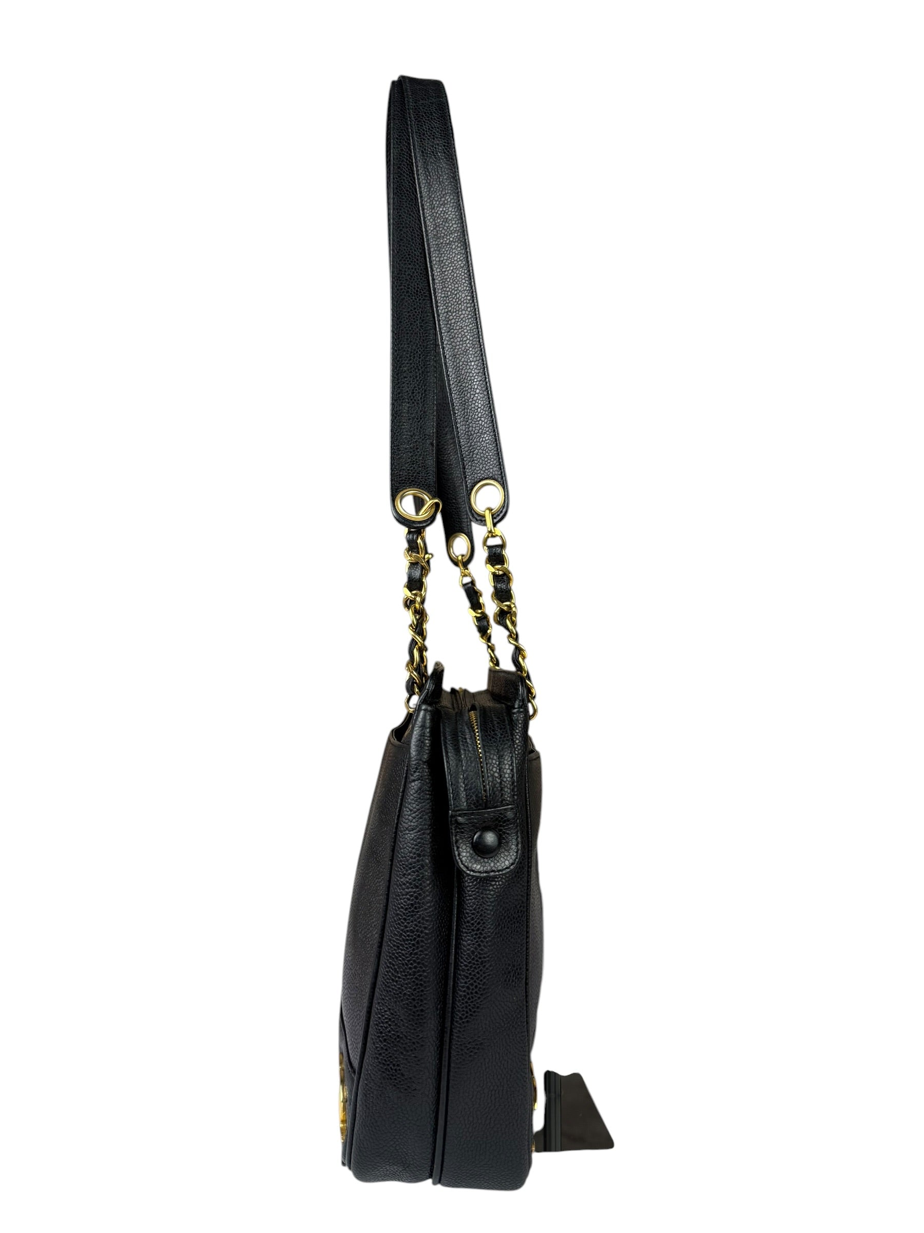 Chanel Vintage Black Caviar Leather Triple CC Chain Tote Bag