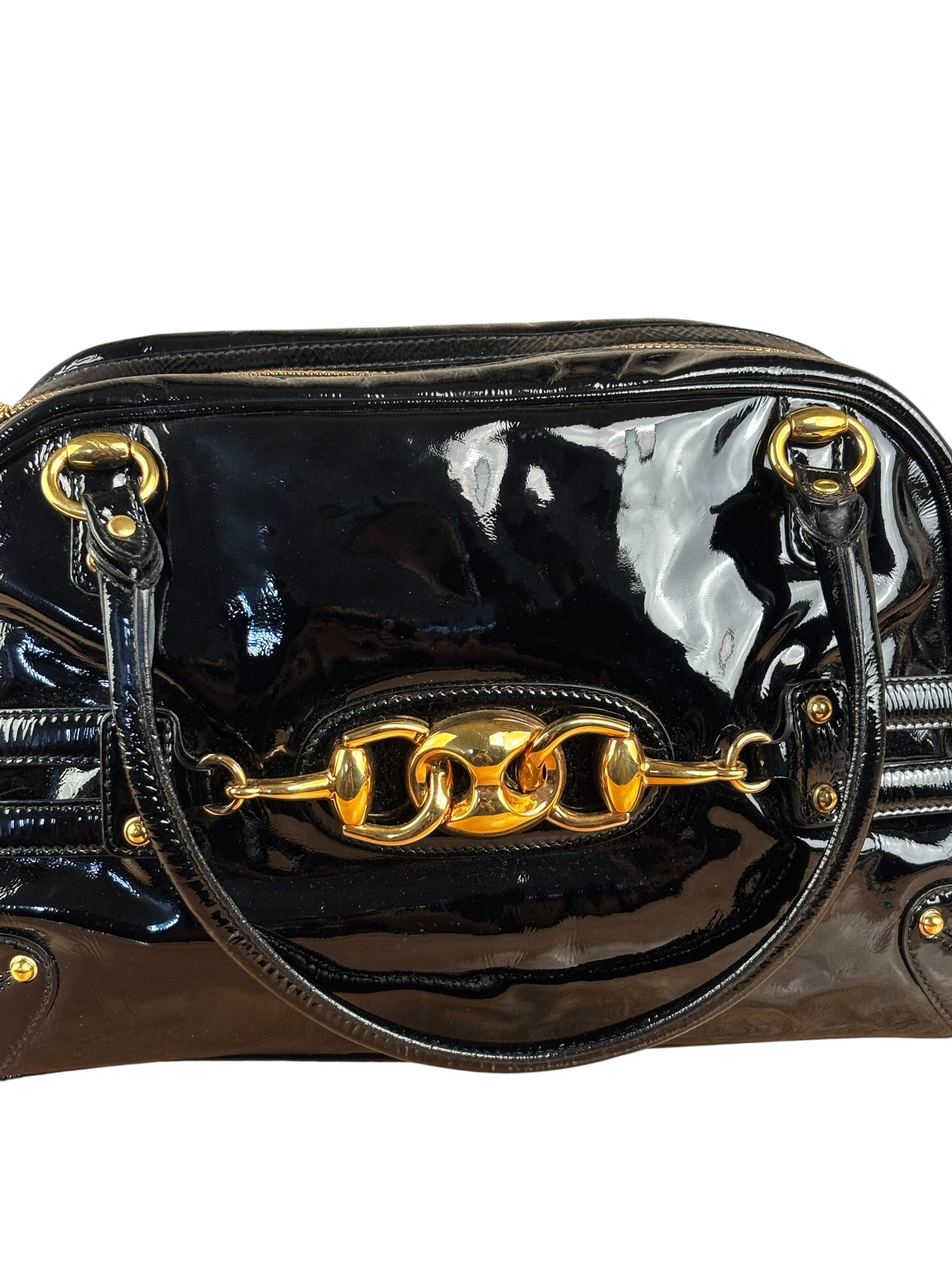 Gucci Black Patent Leather Horsebit Wave Shoulder Bag