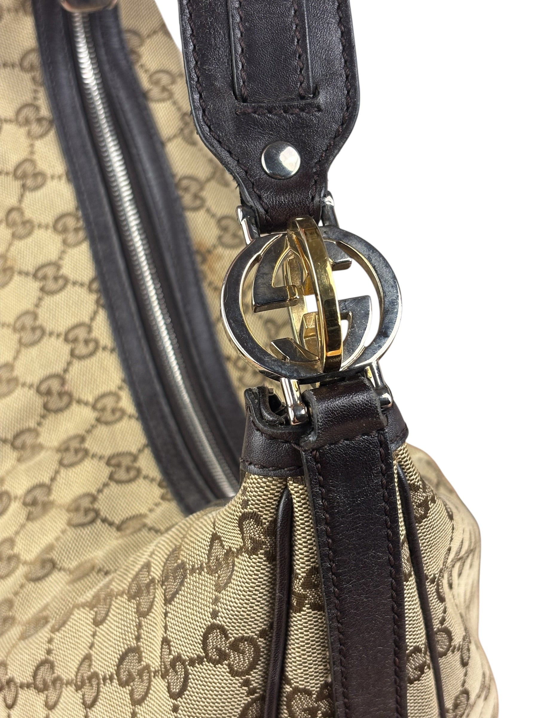 Gucci Vintage Dark Brown Leather Trim GG Canvas Twin Hobo Bag