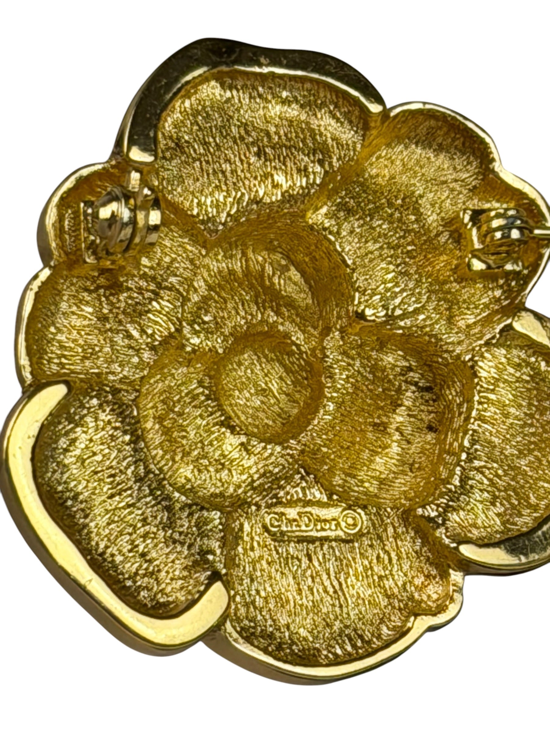 Christian Dior Signature Camellia Flower Gold Plated Crystal Pave Brooch