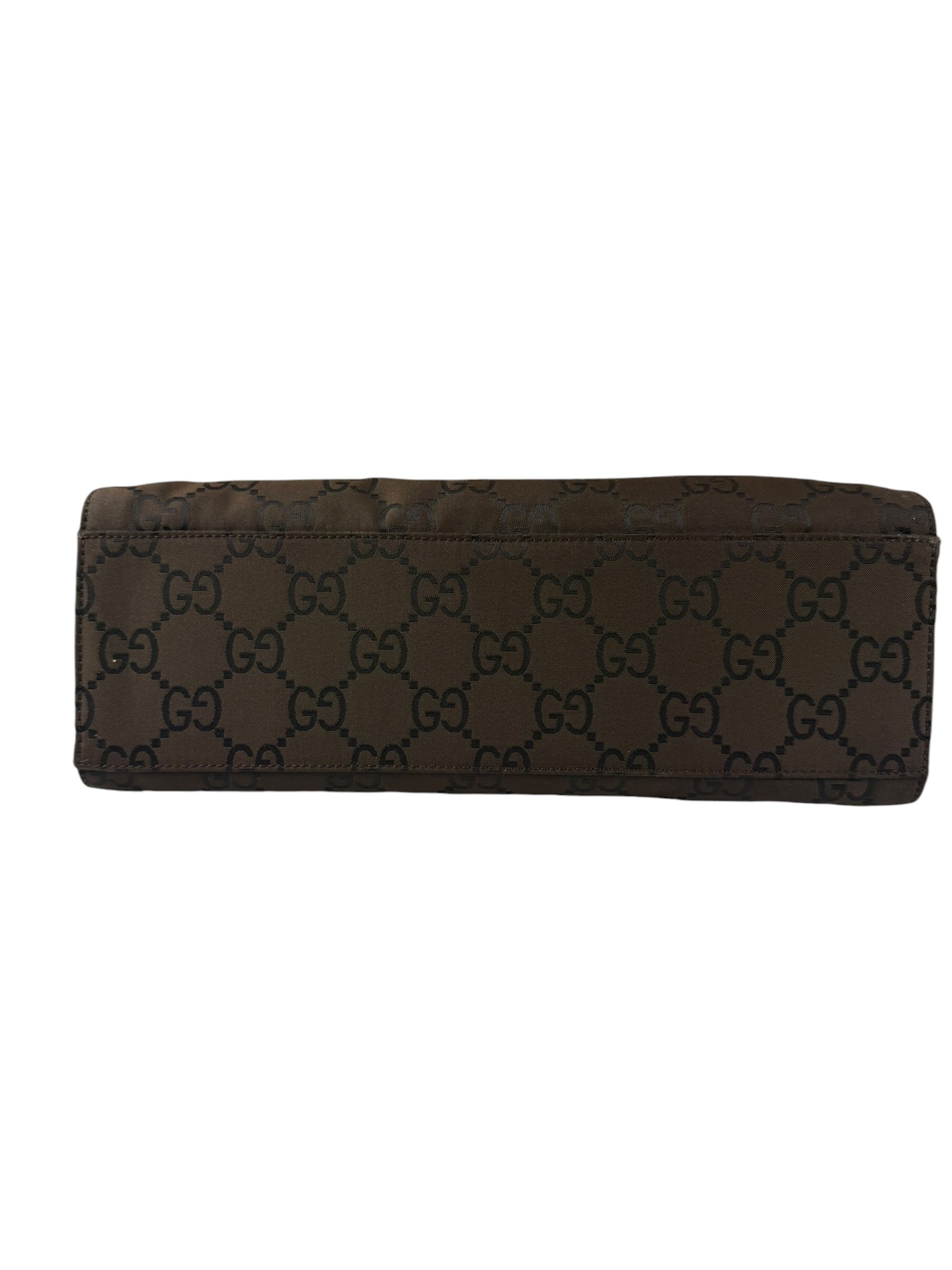 Gucci Brown Nylon Leather Trim Canvas Monogram Bamboo Two-Way Bag