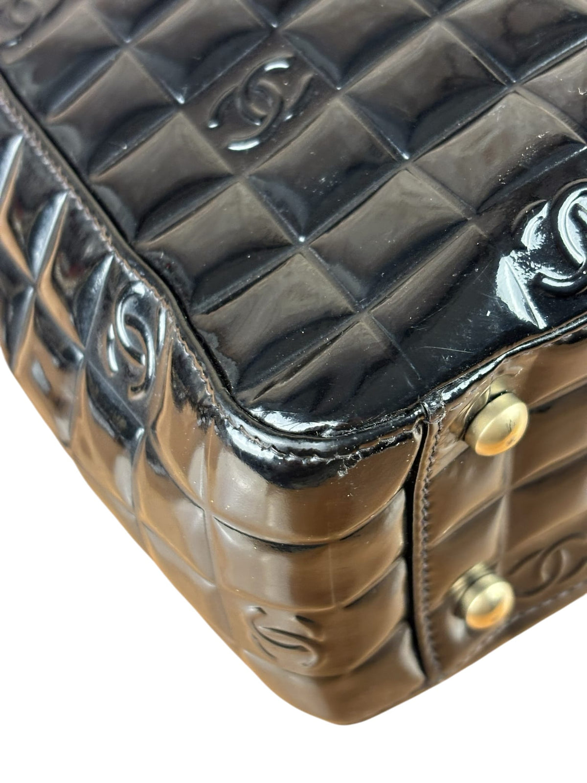 Chanel Black Patent Leather Chocolate Bar Tote Early 2000's