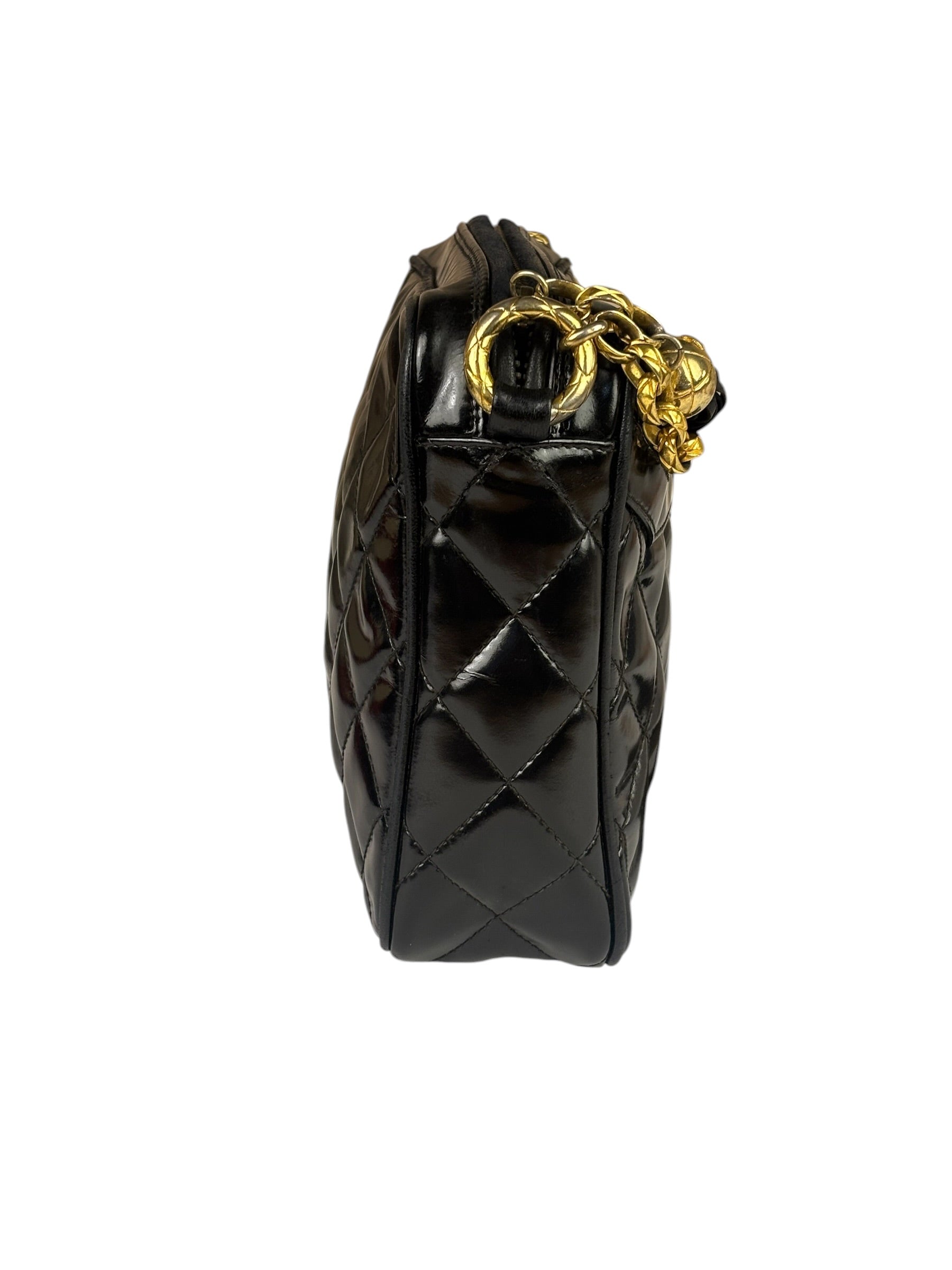 Chanel Black Quilted Patent Leather Camera Bag 1989
