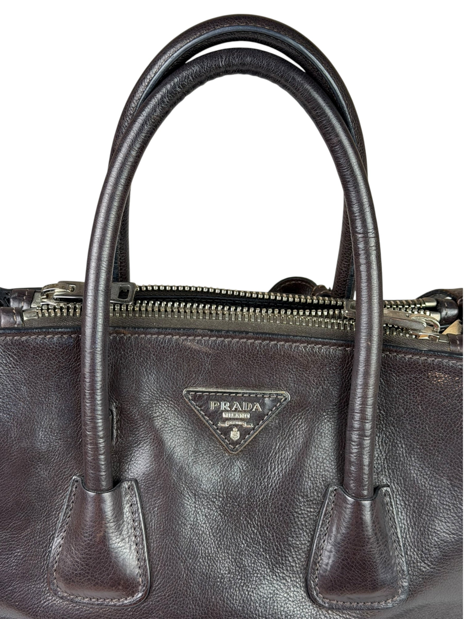 Prada Dark Brown Calf Leather Glace Twin-Pocket Tote