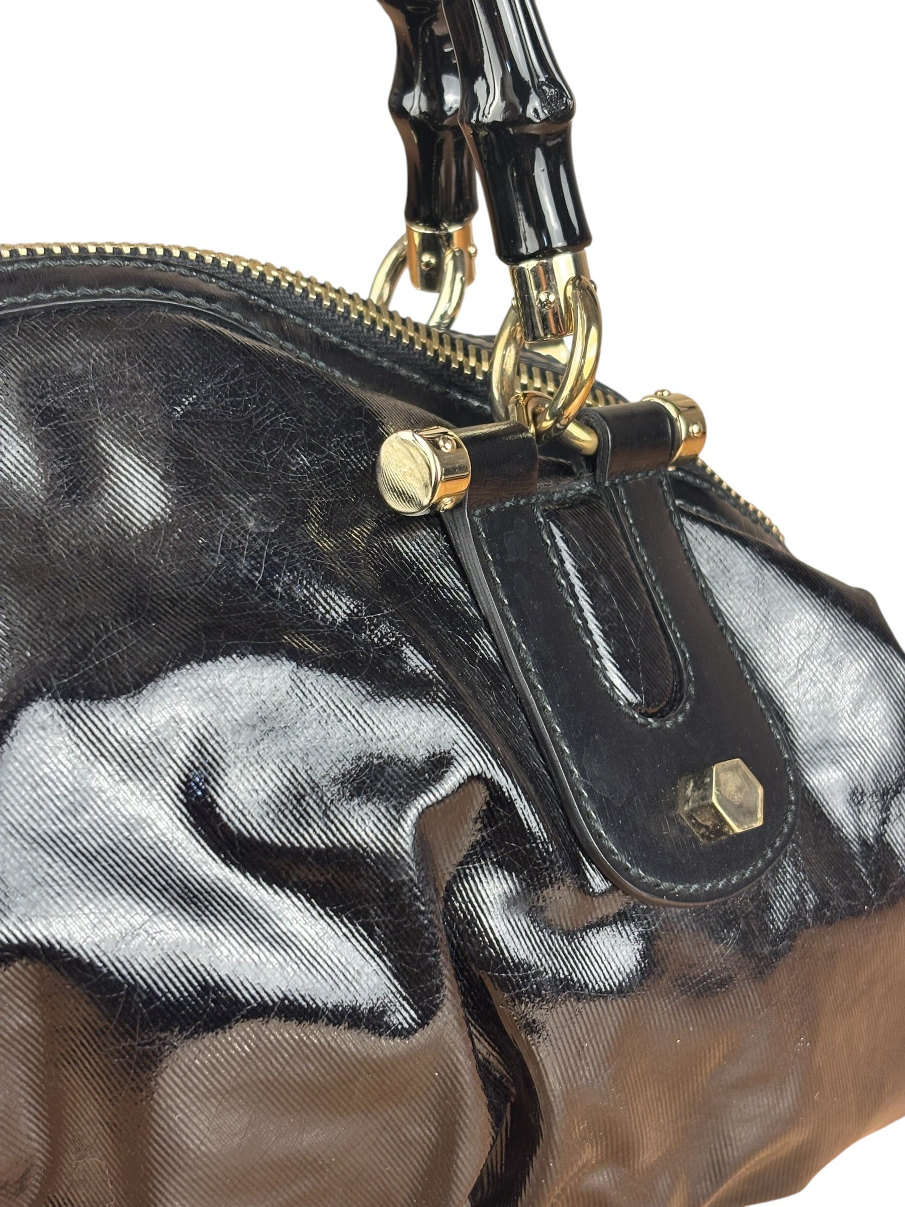 Gucci Black Patent Vintage Dialux Pop Bamboo 2Way Handbag
