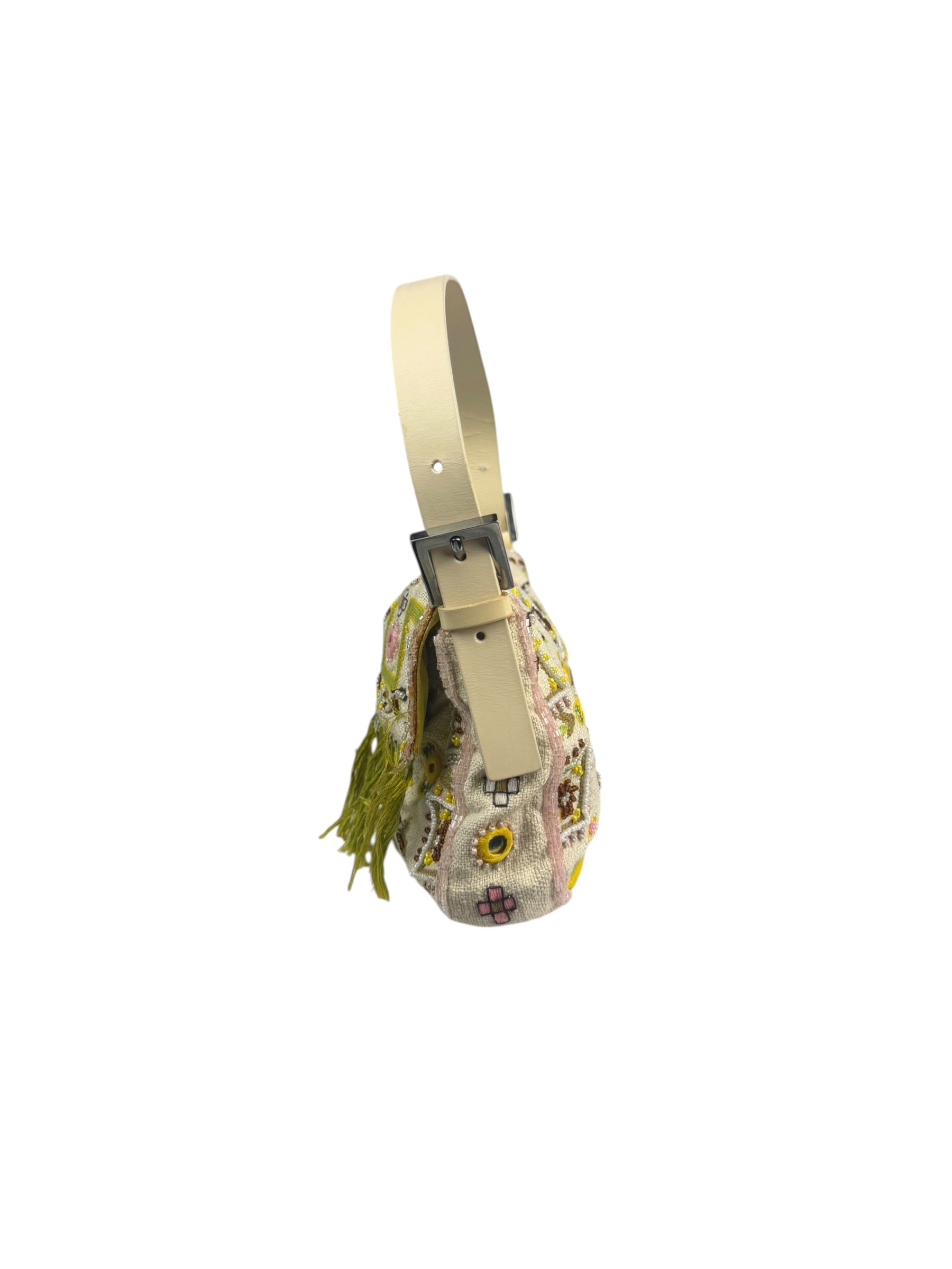 Fendi Cream Leather Trim Beaded Baguette