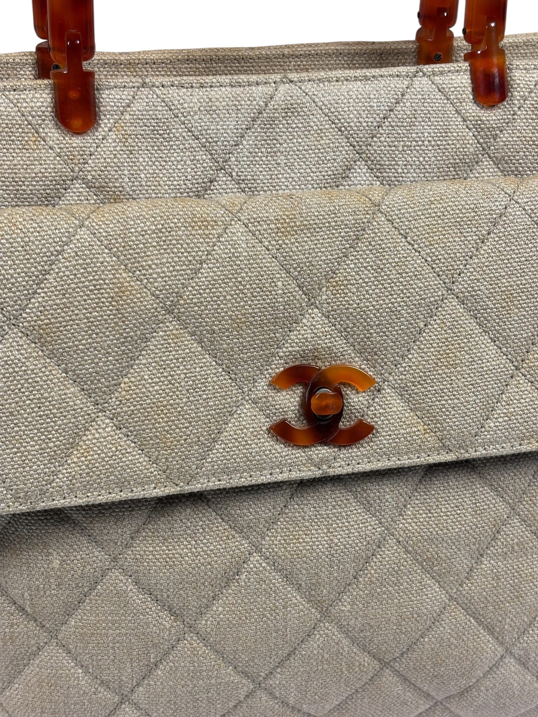 Chanel Vintage Beige Quilted Denim  Tortoise Tote 1996
